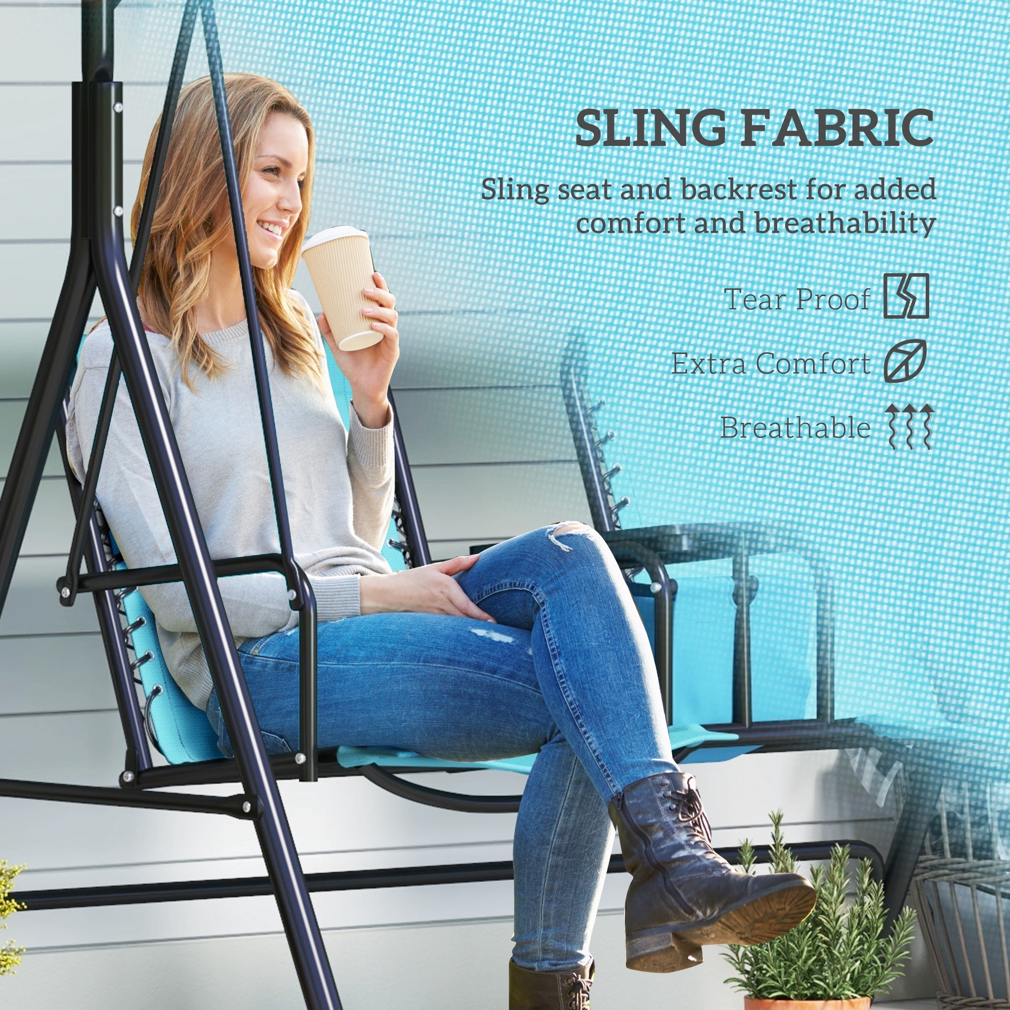 2 Person Porch Swing with Canopy, Storage Table, Cup Holder, Blue