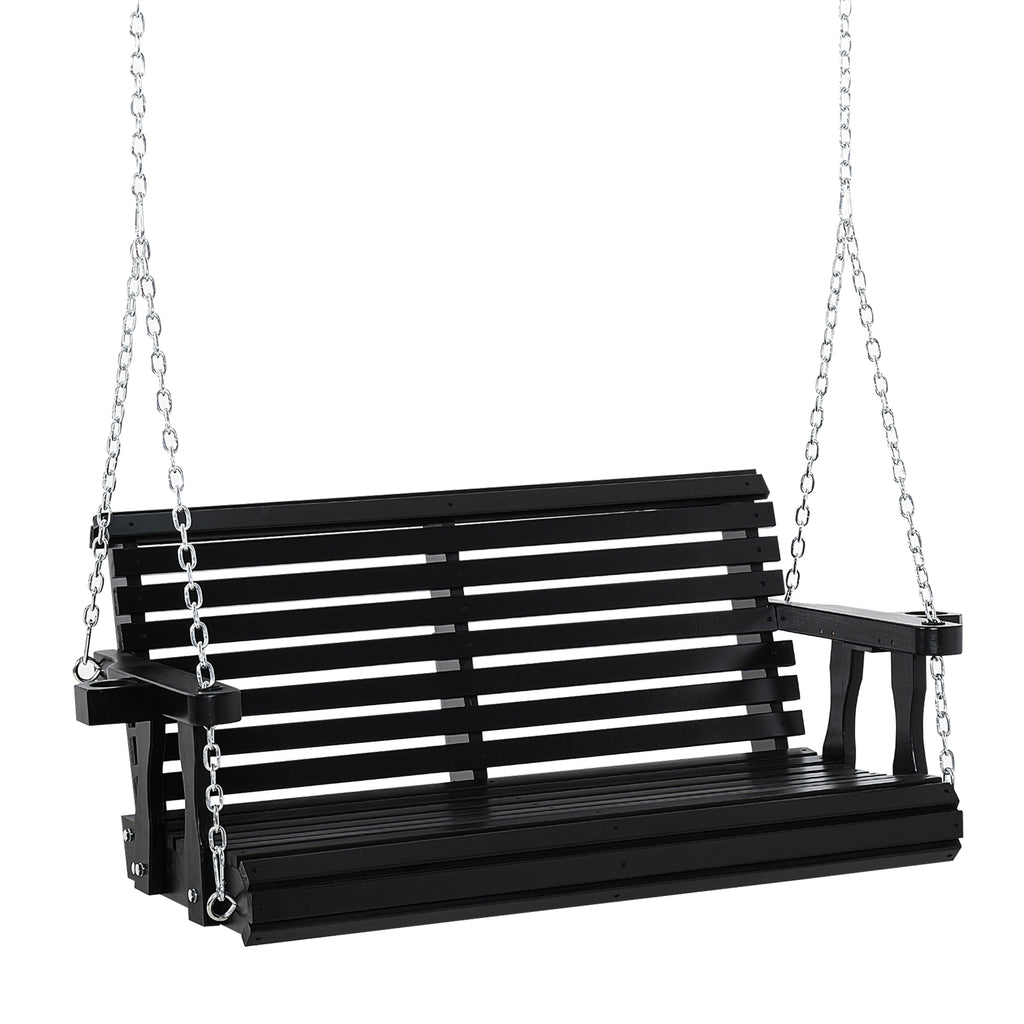 Porch Swing with Chains and Cupholders, 2 Person Wooden Patio Swing Chair, 440 lbs. Weight Capacity, for Garden, Poolside, Backyard, Black