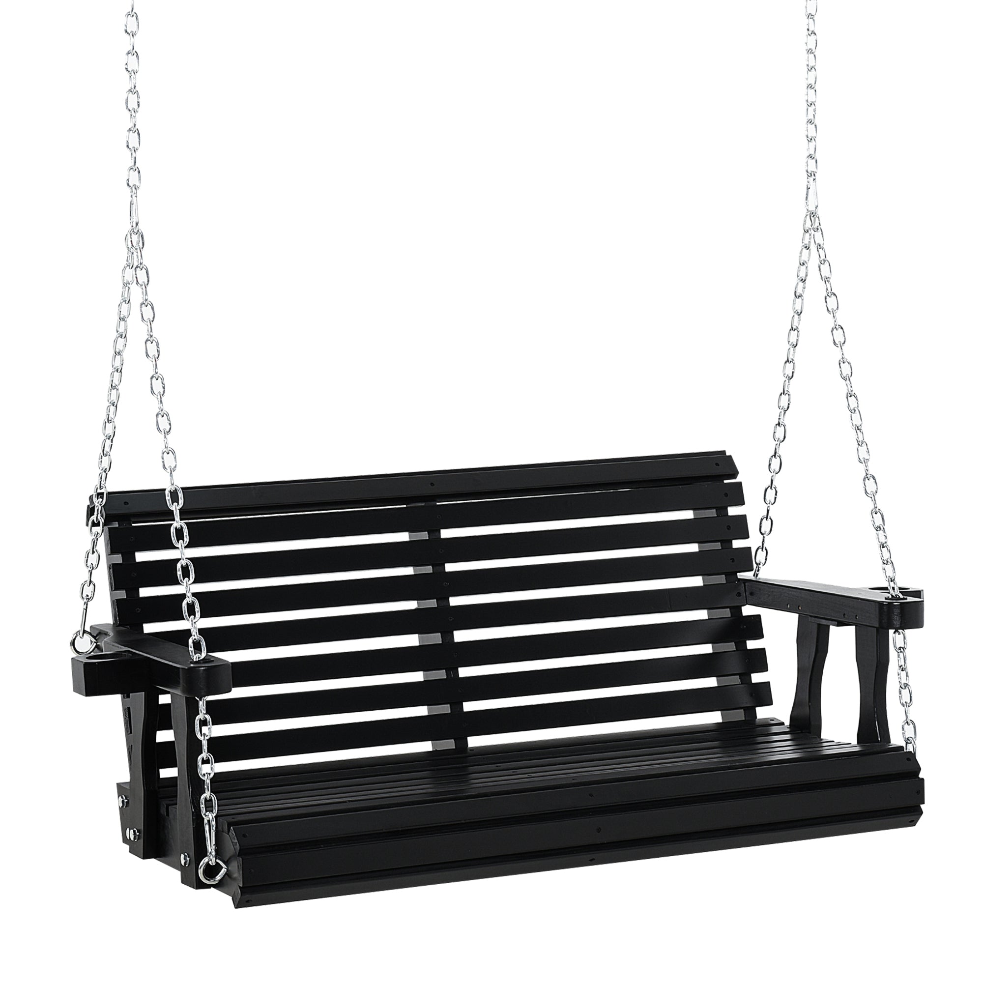 Porch Swing with Chains and Cupholders, 2 Person Wooden Patio Swing Chair, 440 lbs. Weight Capacity, for Garden, Poolside, Backyard, Black