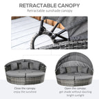 4 Piece Round Rattan Daybed, Convertible Patio Furniture Set, Adjustable Sun Canopy, Sectional Outdoor Sofa, 2 Chairs, Extending Tea Table Ottoman Chair, 3 Pillows, Gray