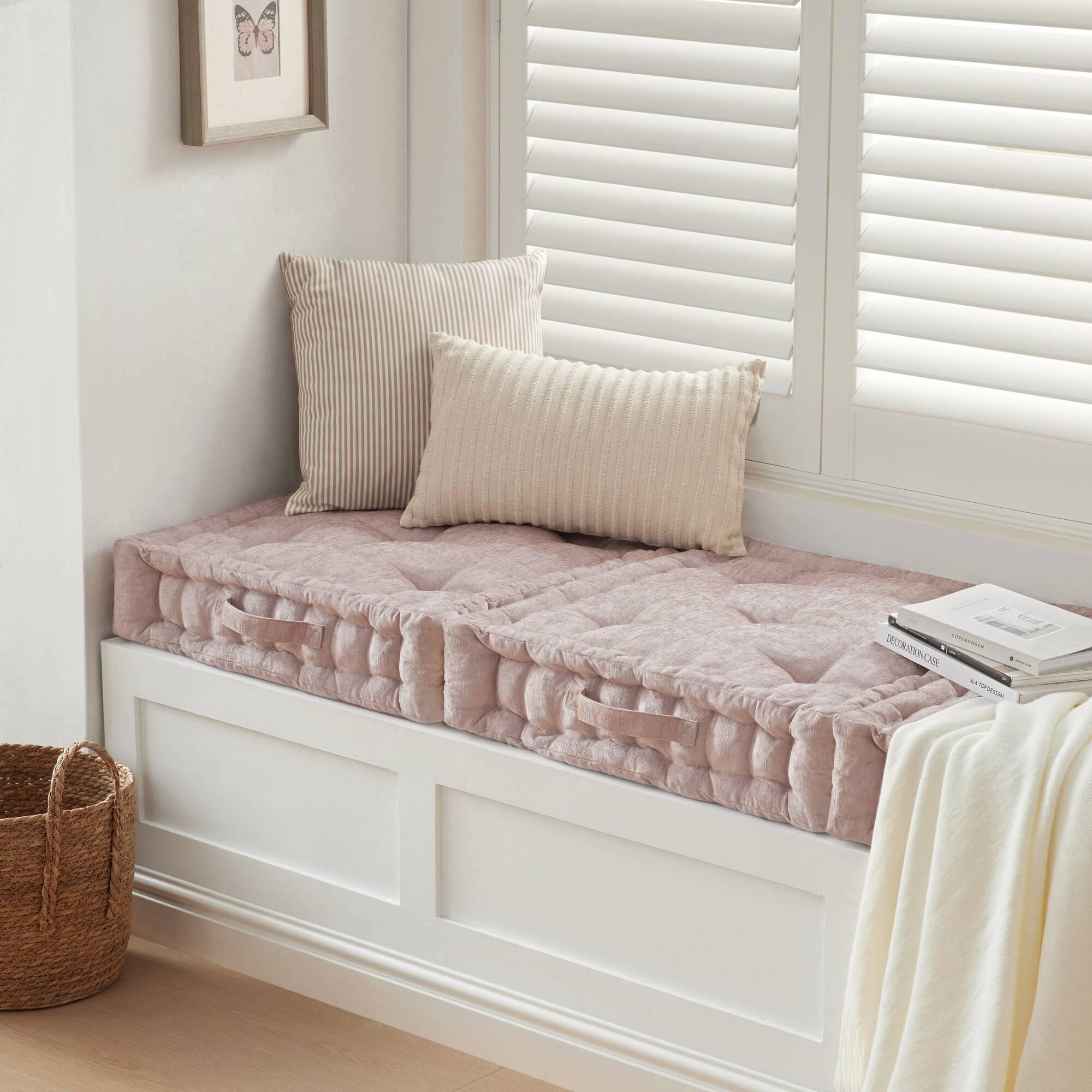 Textured Poly Chenille Square Floor Pillow Cushion with Hypoallergenic Polyester, Tufted Detailing, Scalloped Edge, 24" L x 24" W x 5" H, Blush