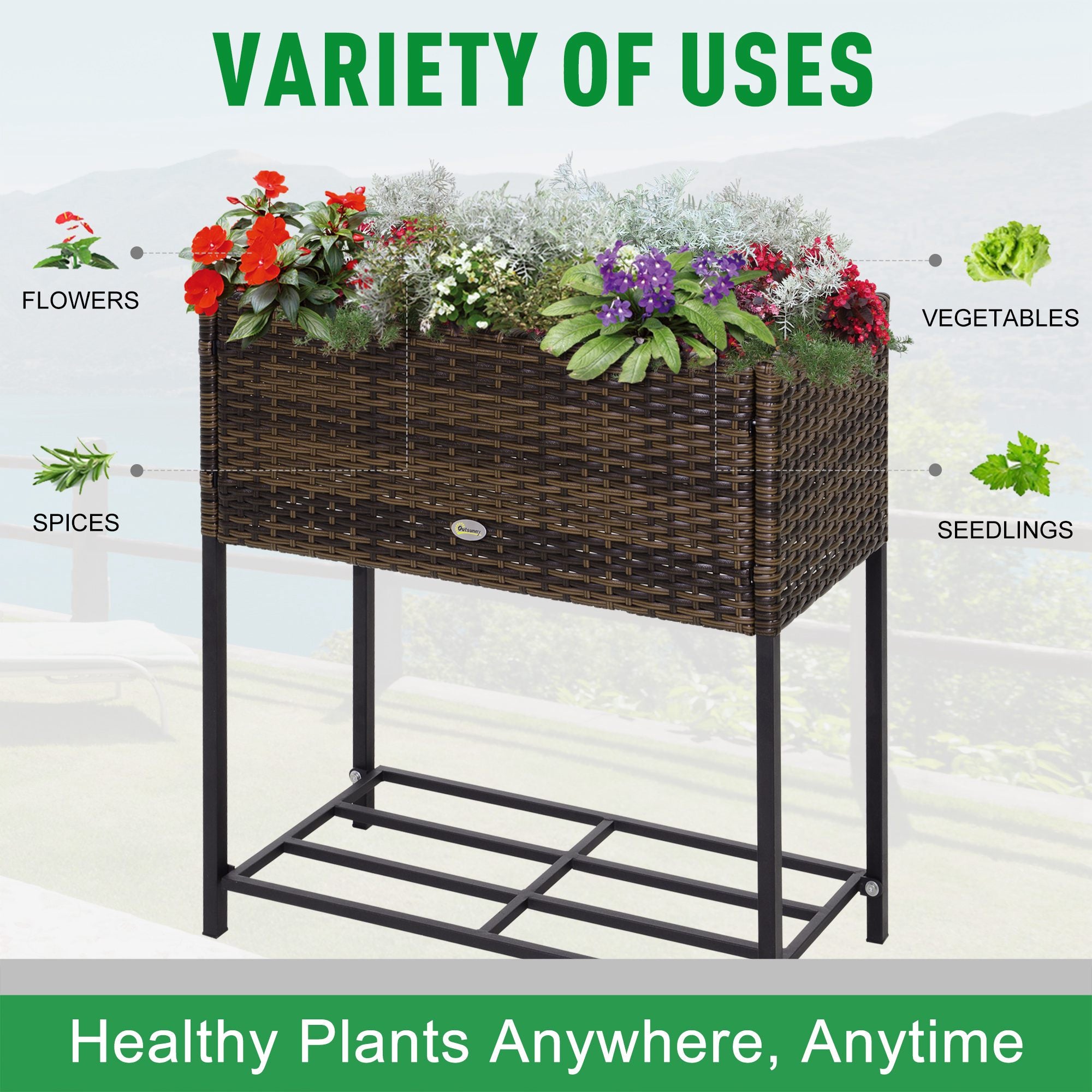 Raised Garden Bed, Elevated Planter Box with Rattan Wicker Look, Tool Storage Shelf, Portable Design for Herbs, Vegetables, Flowers, Brown