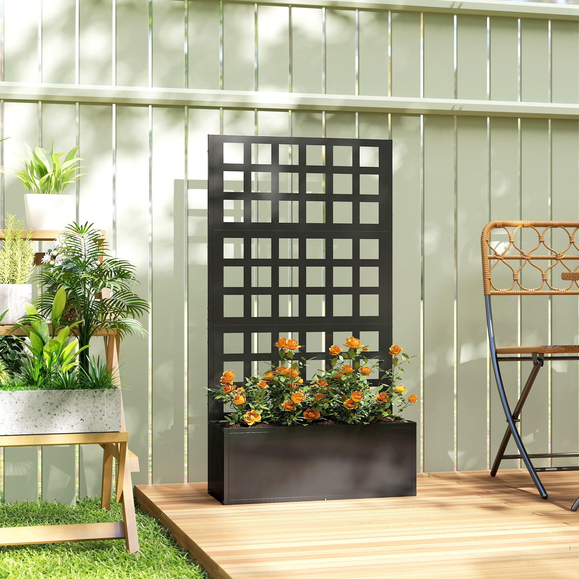 Galvanized Raised Garden Bed Planter Box with Trellis for Climbing Plants, Vegetable, Vines, 24" x 9" x 44.5", Black