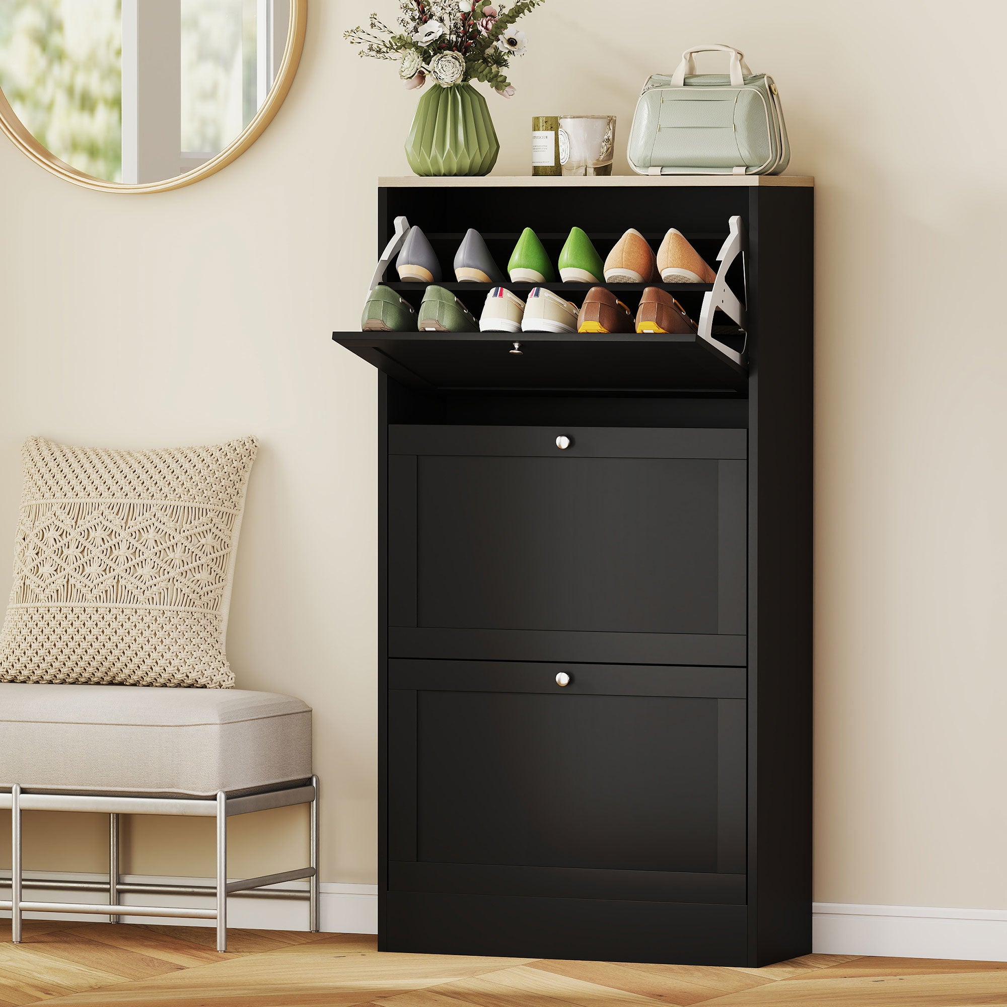 Modern Shoe Storage Cabinet with 3 Flip Drawers and Adjustable Shelves for 12-18 Pairs of Shoes, Black