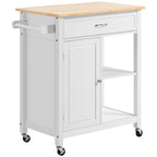 Kitchen Island Cart, Rolling Kitchen Island with Storage Shelf, Solid Wood Top, Drawer, for Dining Room, White