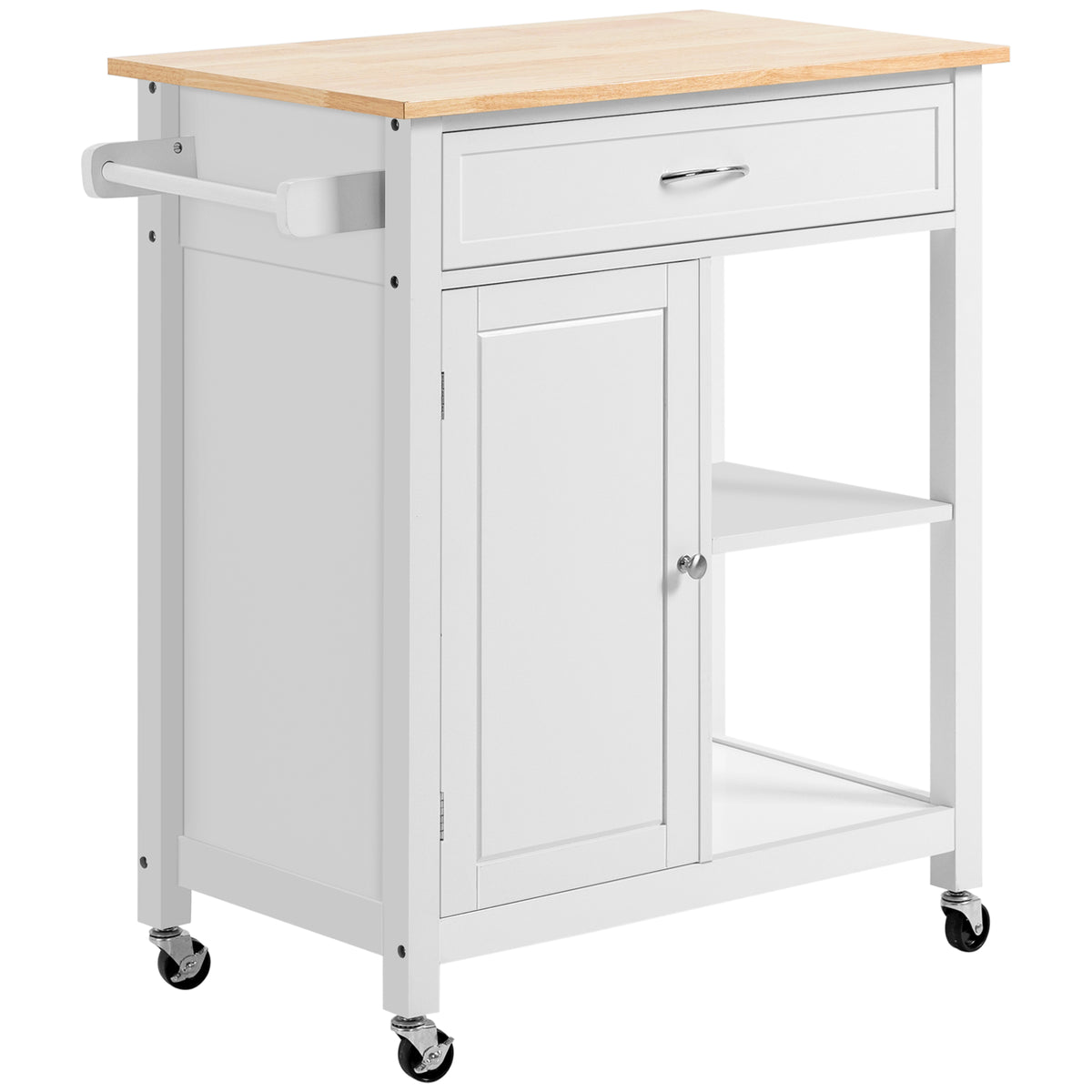 Kitchen Island Cart, Rolling Kitchen Island with Storage Shelf, Solid Wood Top, Drawer, for Dining Room, White