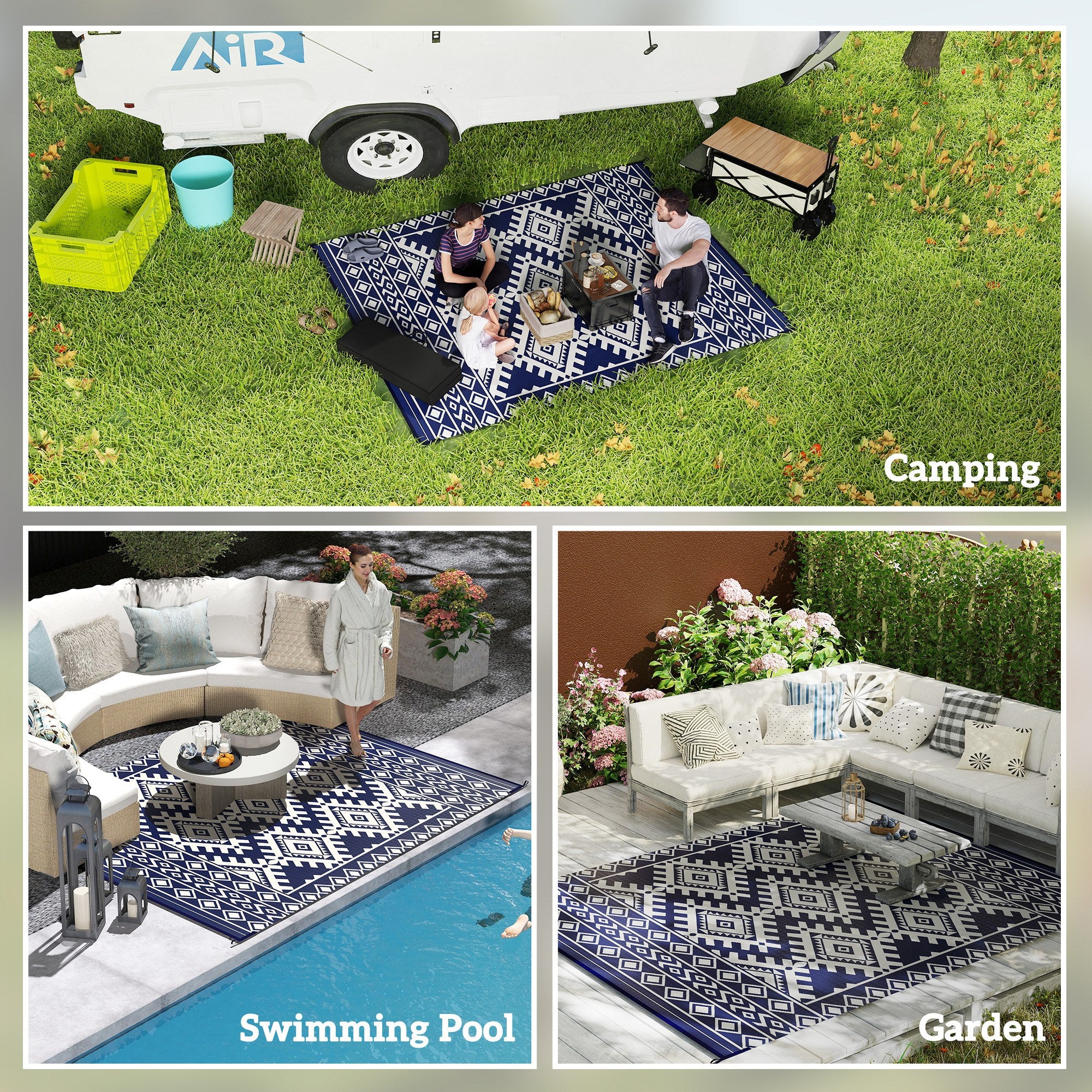 Reversible Outdoor Rug, Waterproof Plastic Straw with Carry Bag, 8' x 10', Blue & White Rhombus Border