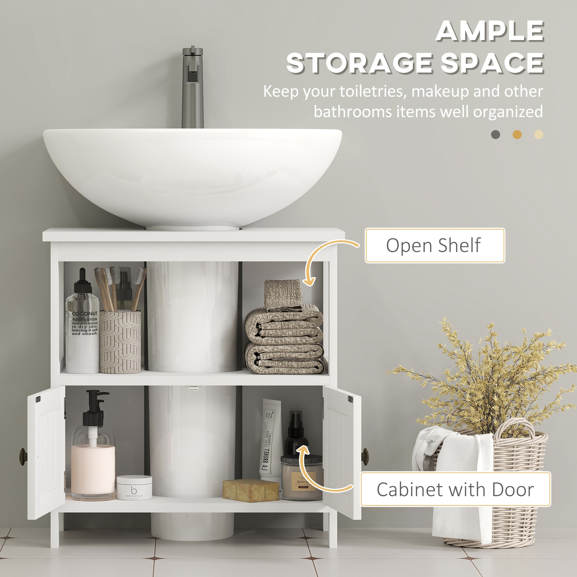 Pedestal Sink Storage Cabinet, Bathroom Under Sink Cabinet with 2 Doors and Open Shelf, Bathroom Vanity, White