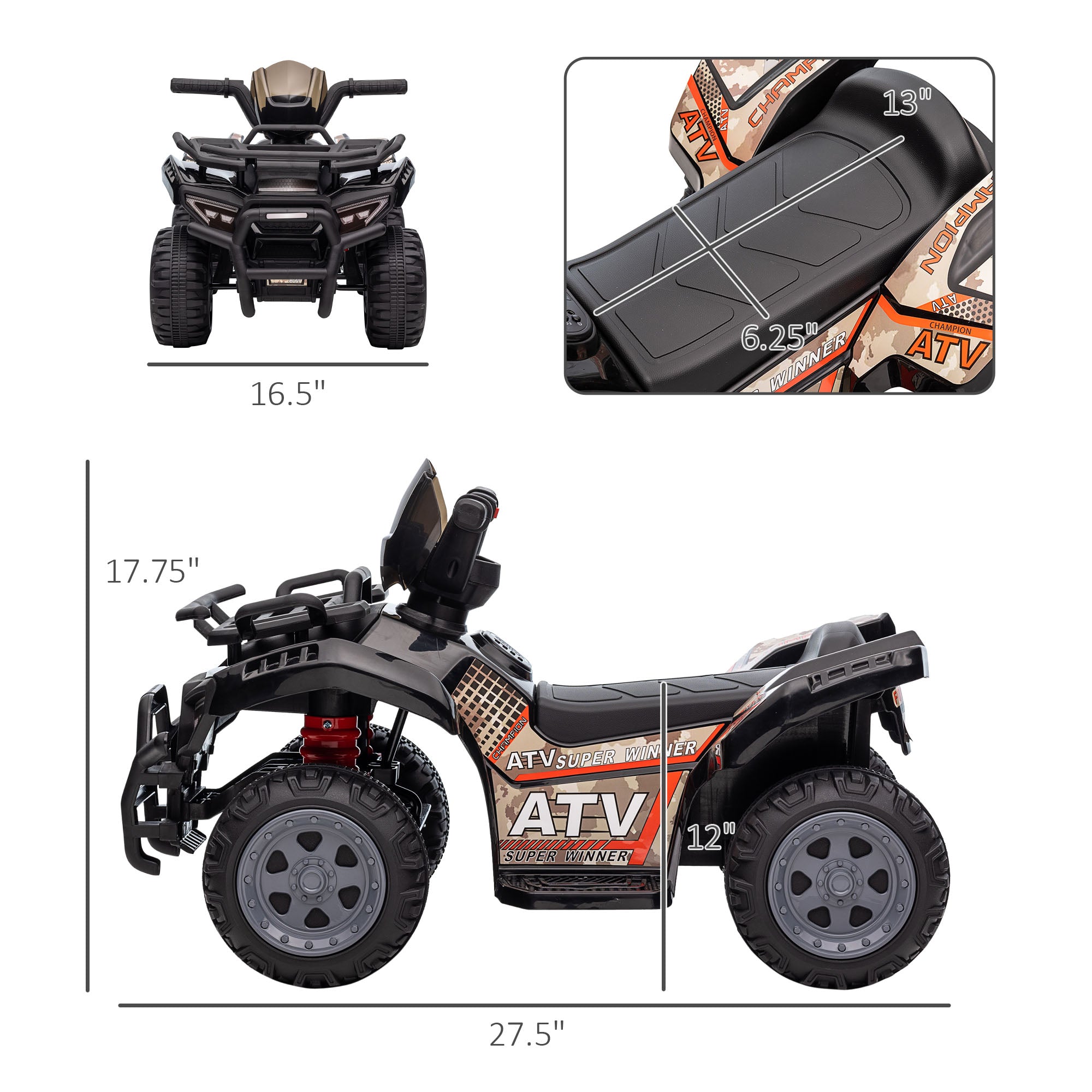 Kids ATV Four Wheeler Ride on Car, Motorized Quad, 6V Battery Powered Electric Quad with Songs for 18-36 Months, Black