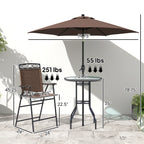 4 Piece Outdoor Bar Set with Umbrella, Patio Dining Set with 2 Folding Chairs, Wave Textured Tempered Glass Table for Backyard, Garden, Deck, Poolside, Brown