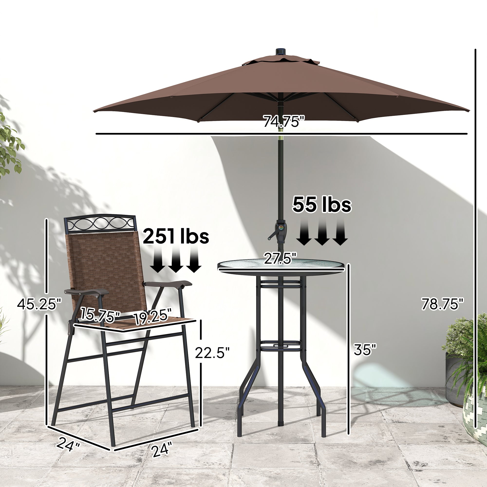 4 Piece Outdoor Bar Set with Umbrella, Patio Dining Set with 2 Folding Chairs, Wave Textured Tempered Glass Table for Backyard, Garden, Deck, Poolside, Brown