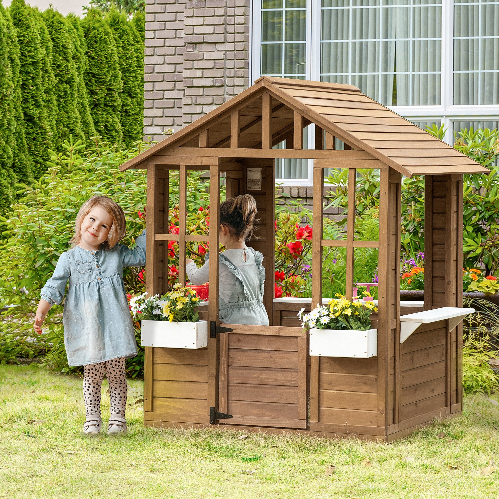 Kids Wooden Playhouse, Outdoor Garden Games Cottage with Flowers Pot Holder, Working Door, Windows, Brown