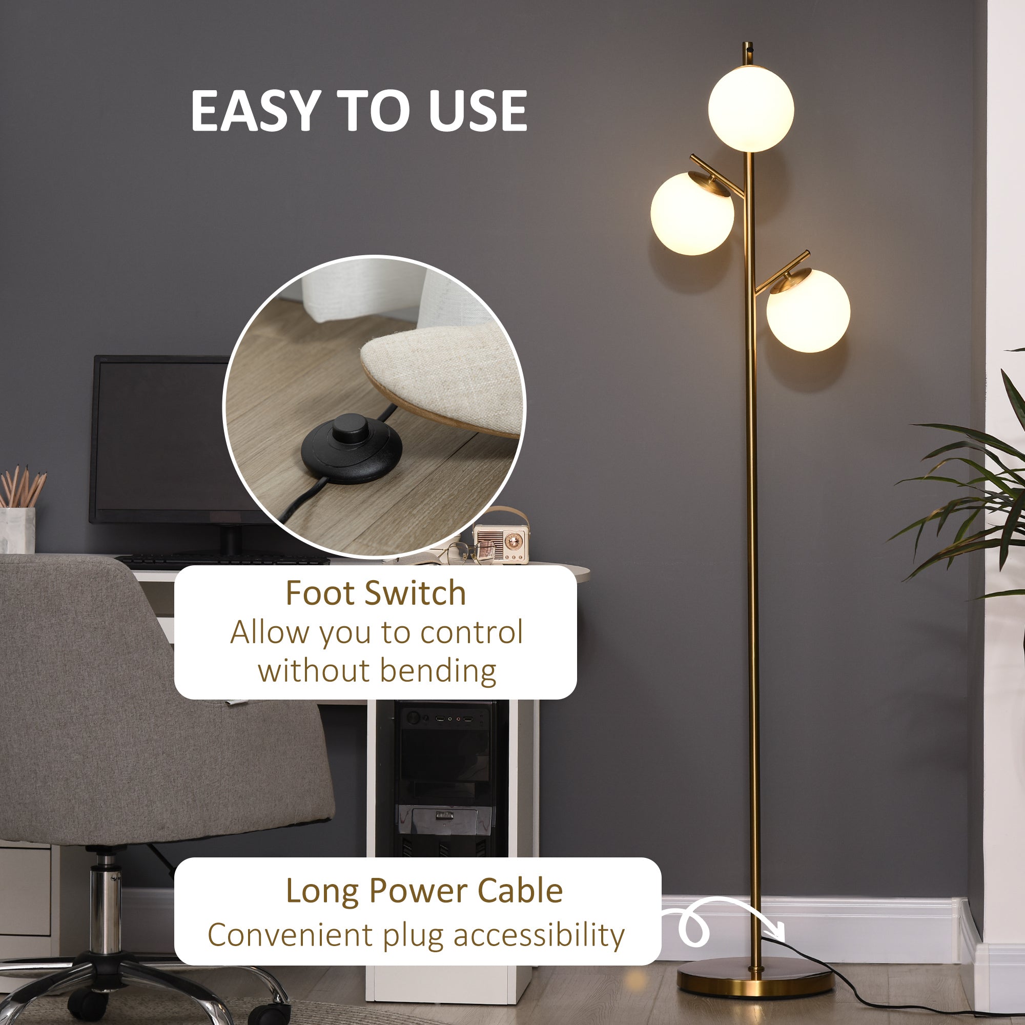 Modern 3-Light Floor Lamp for Living Room, Tree Standing Lamp with Globe Lampshades, 10.75"x10.75"x66.5", Gold