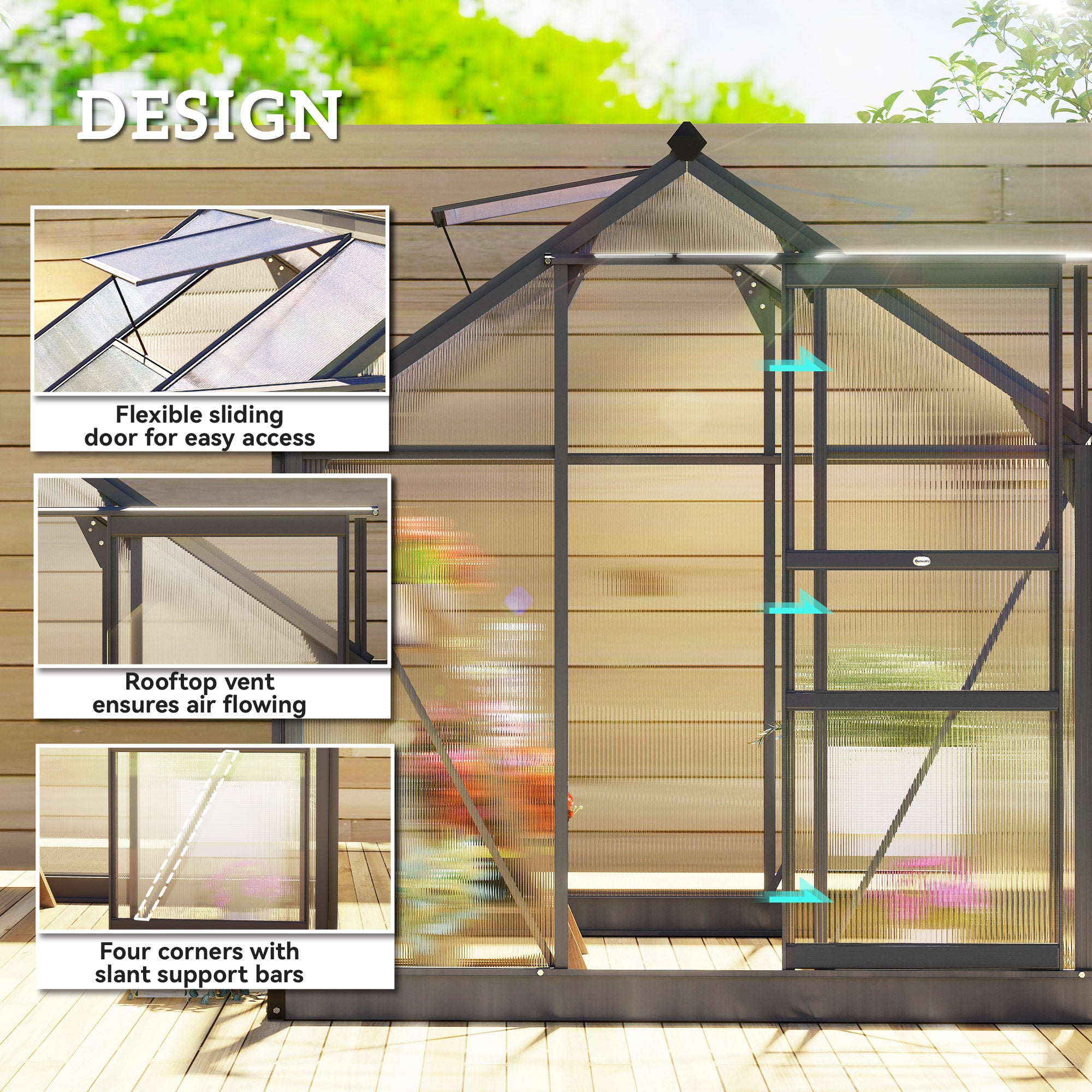 Polycarbonate Greenhouse, Heavy Duty Outdoor Aluminum Walk-in Green House Kit Vent Door, 6.2'x6.2'x6.6' Gray