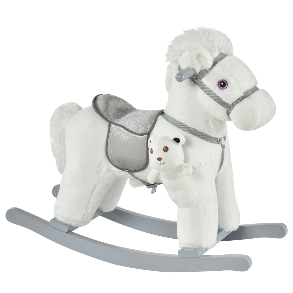Kids Rocking Horse with Bear Toy, Plush Animal Rocker with Fun Realistic Sounds for Toddler 18-36 Months, White