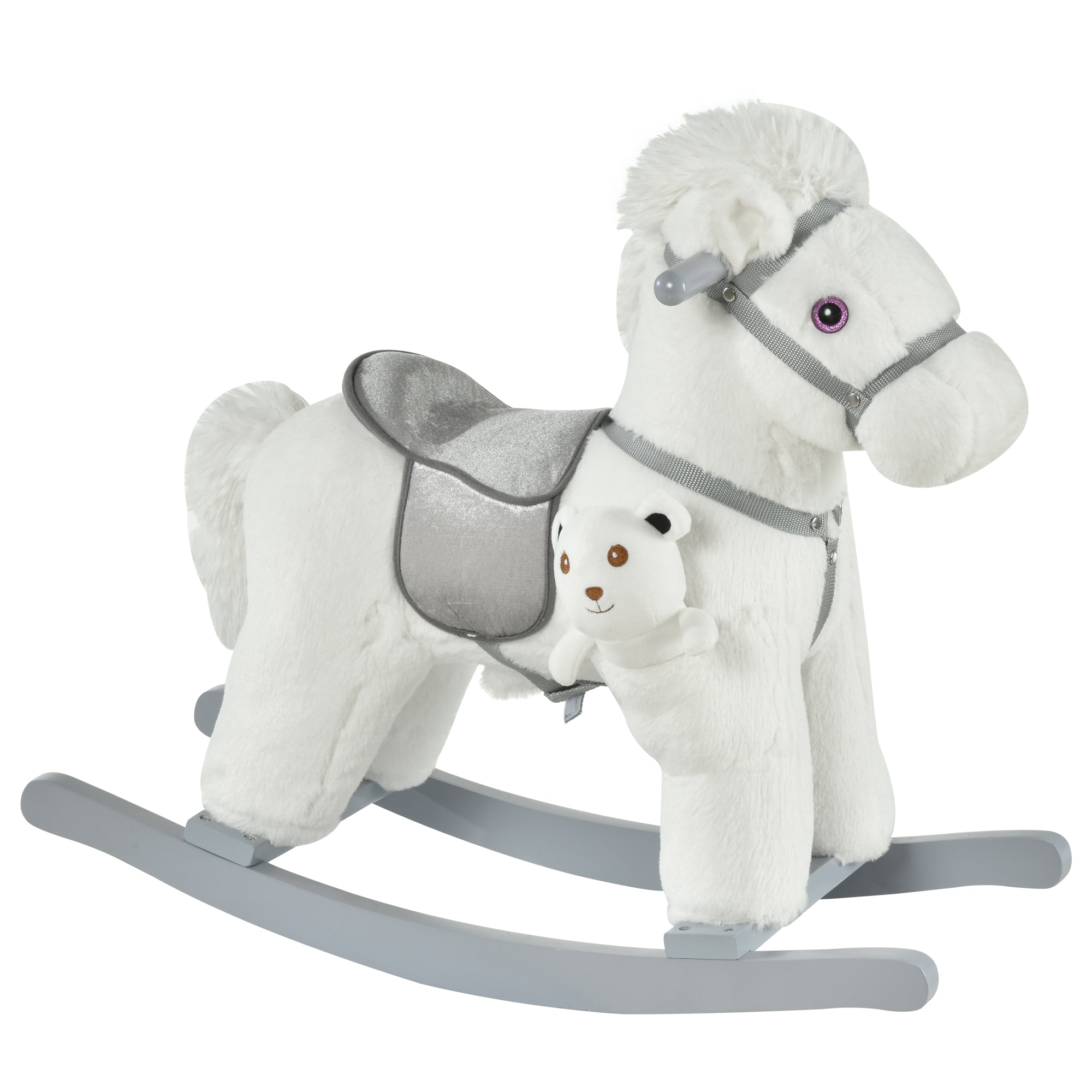 Kids Rocking Horse with Bear Toy, Plush Animal Rocker with Fun Realistic Sounds for Toddler 18-36 Months, White