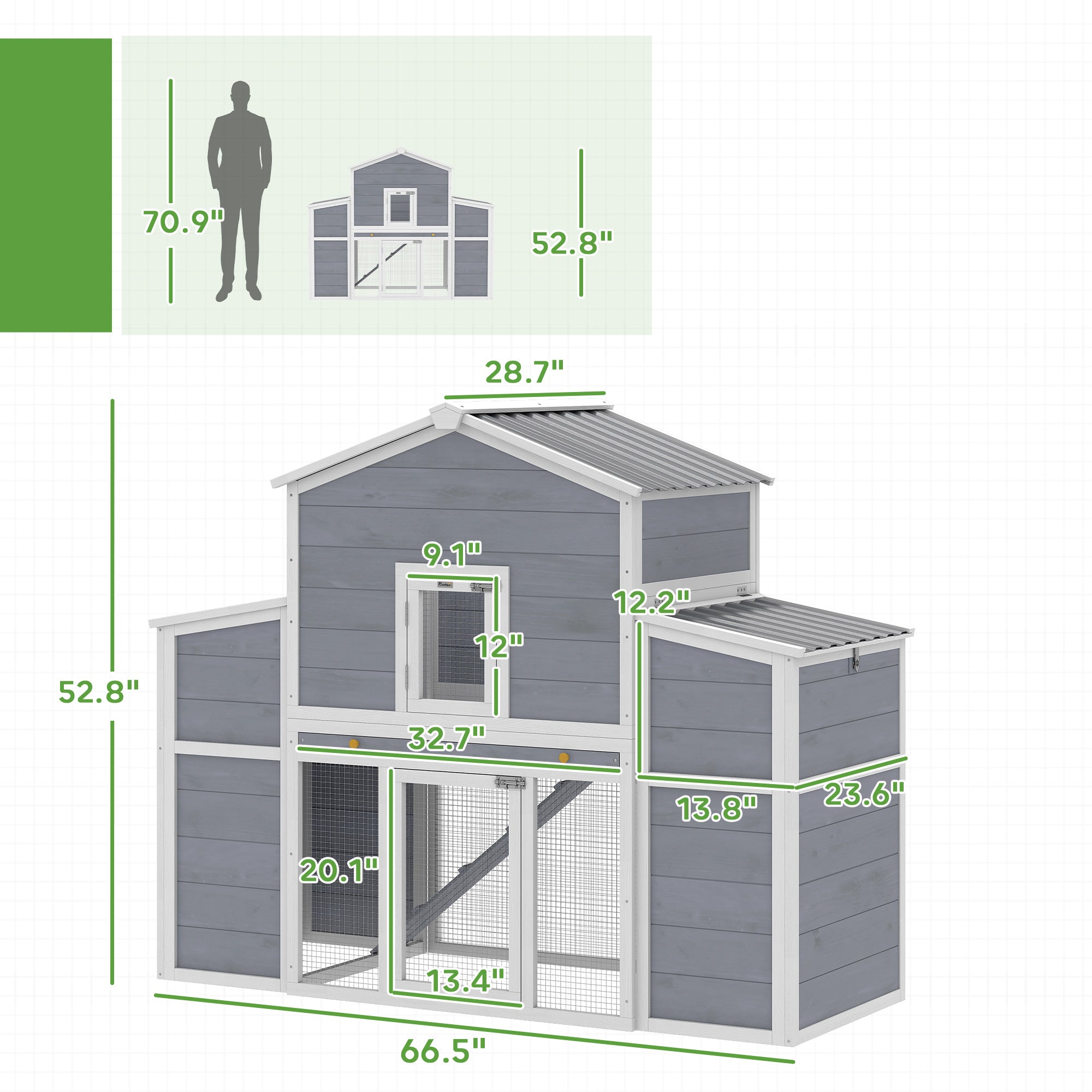 66.5" Large Chicken Coop, Wooden Chicken House with 2 Nesting Boxes, Sliding Tray & Ramp, for Backyard Farm
