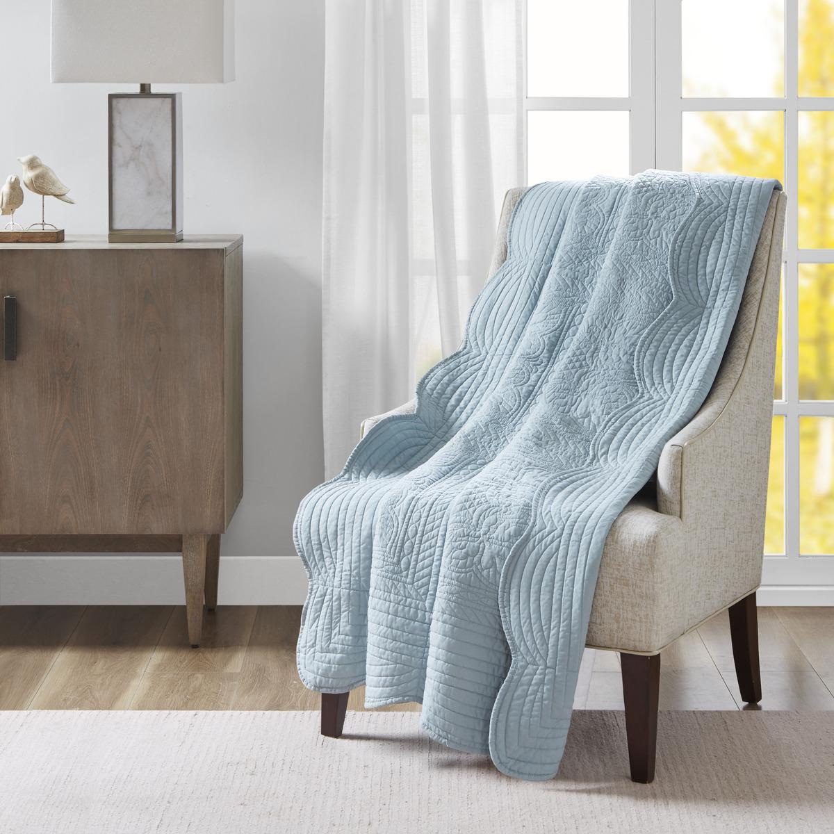 Antimicrobial Oversized Quilted Throw with Scalloped Edges, Microfiber and Cotton Blend, Machine Washable, 72" L x 60" W x 0.25" H, Blue