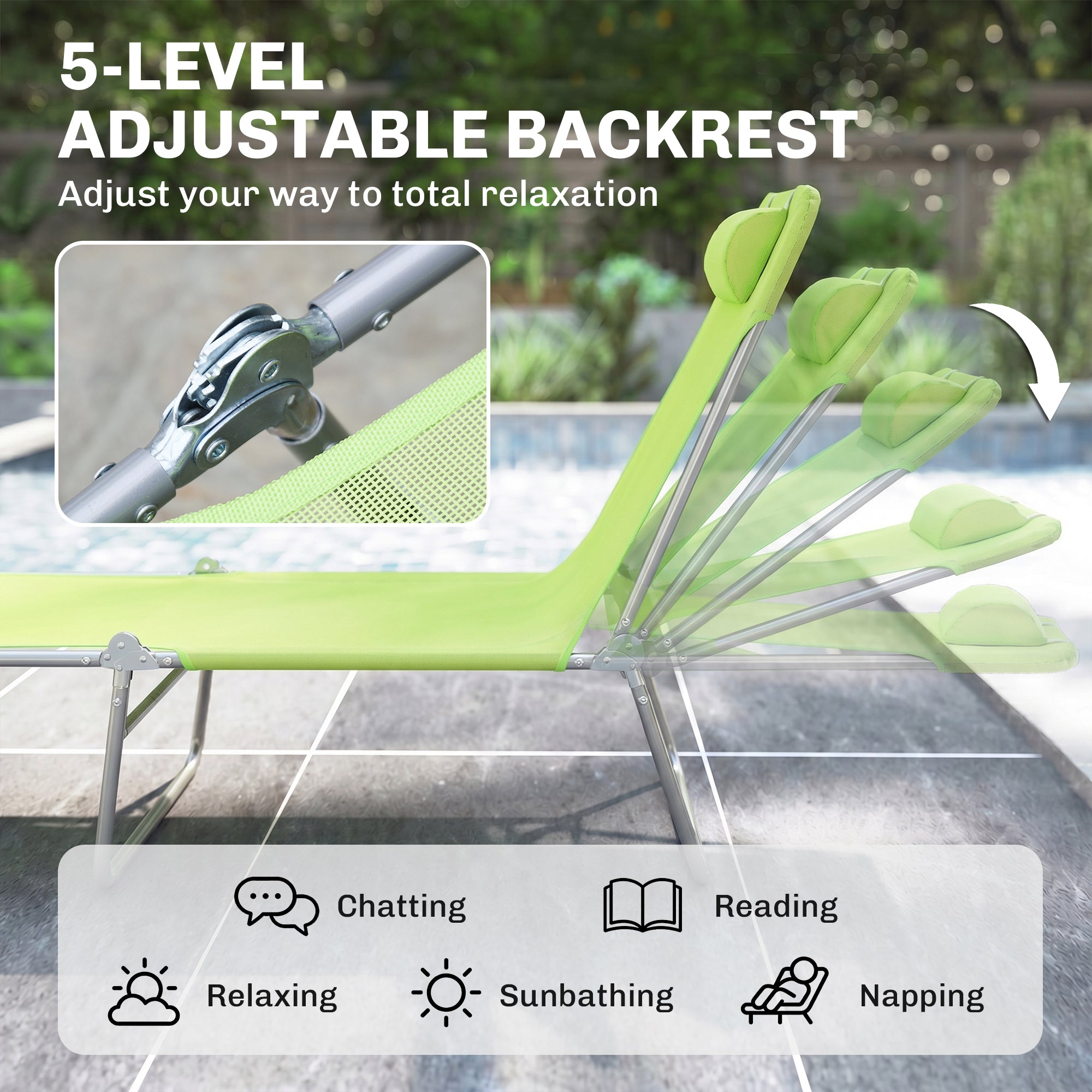 Folding Chaise Lounge Pool Chairs, Outdoor Sun Tanning Chairs with Pillow, Reclining Back, Steel Frame & Breathable Mesh for Beach, Yard, Patio, Green