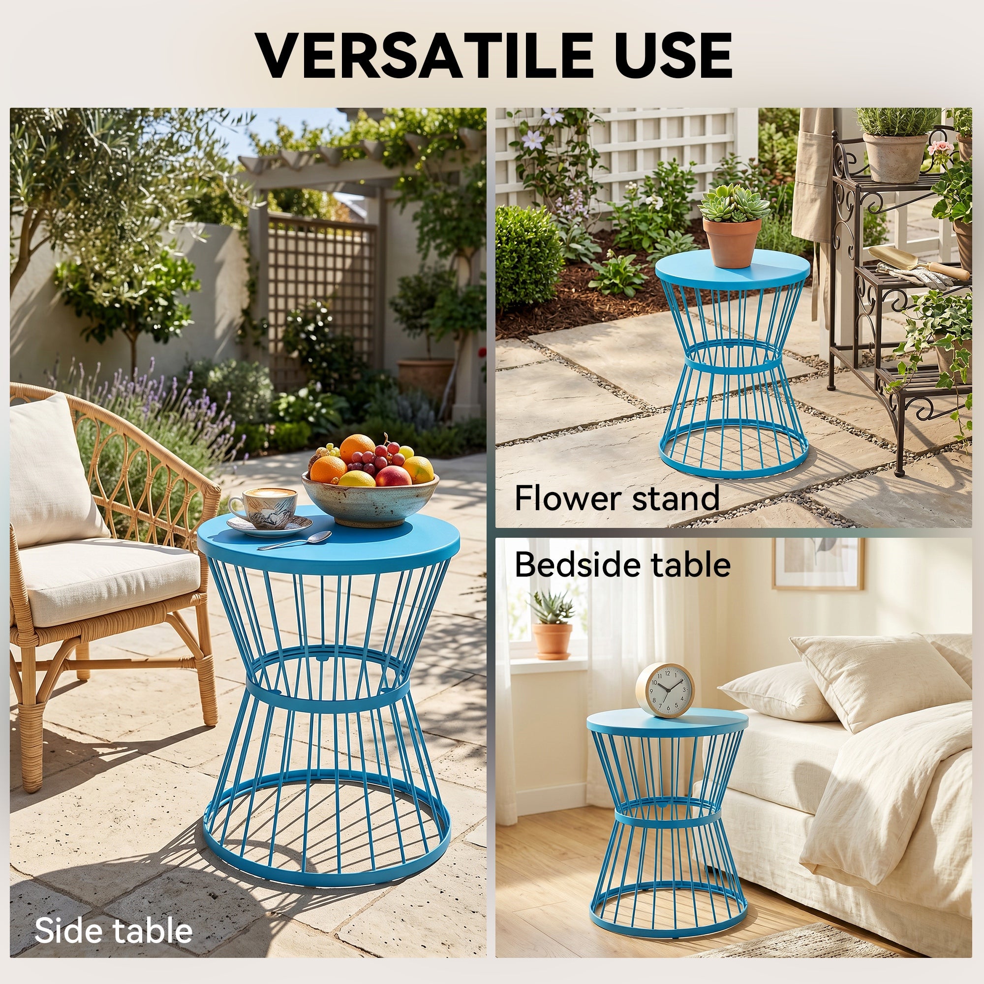 16" Patio Side Table, Garden End Table with Hourglass Design, Steel Accent Table for Outdoor and Indoor Use, Blue