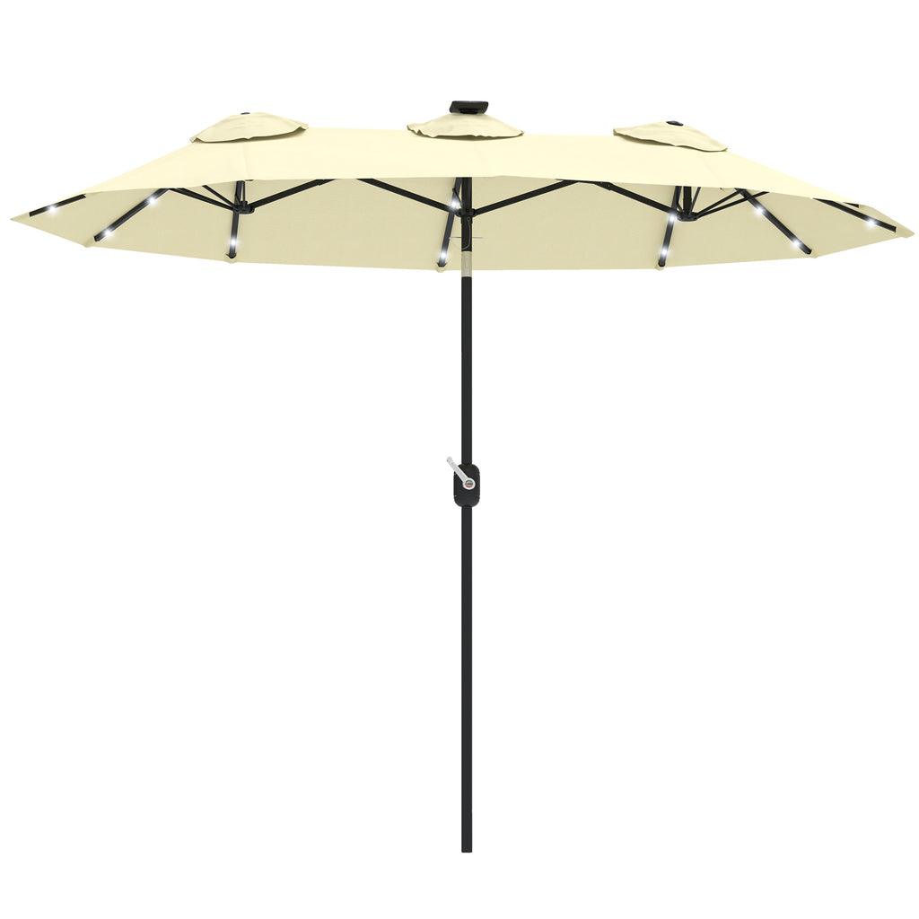 Double-sided Patio Umbrella, 9.7' Outdoor Umbrella with Tilt and Crank, LED Solar Light and 12 Ribs, Cream White