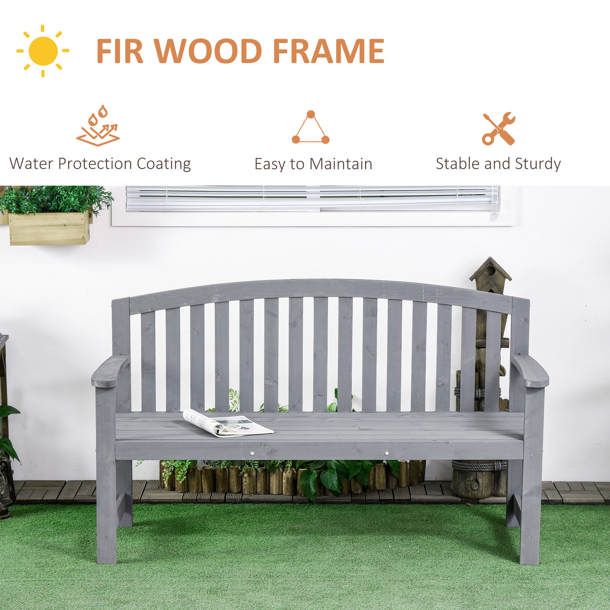 56" Outdoor Wood Bench, 2-Seater Garden Bench with Backrest and Armrest, Patio Bench for Patio, Porch, Poolside, Balcony, Gray
