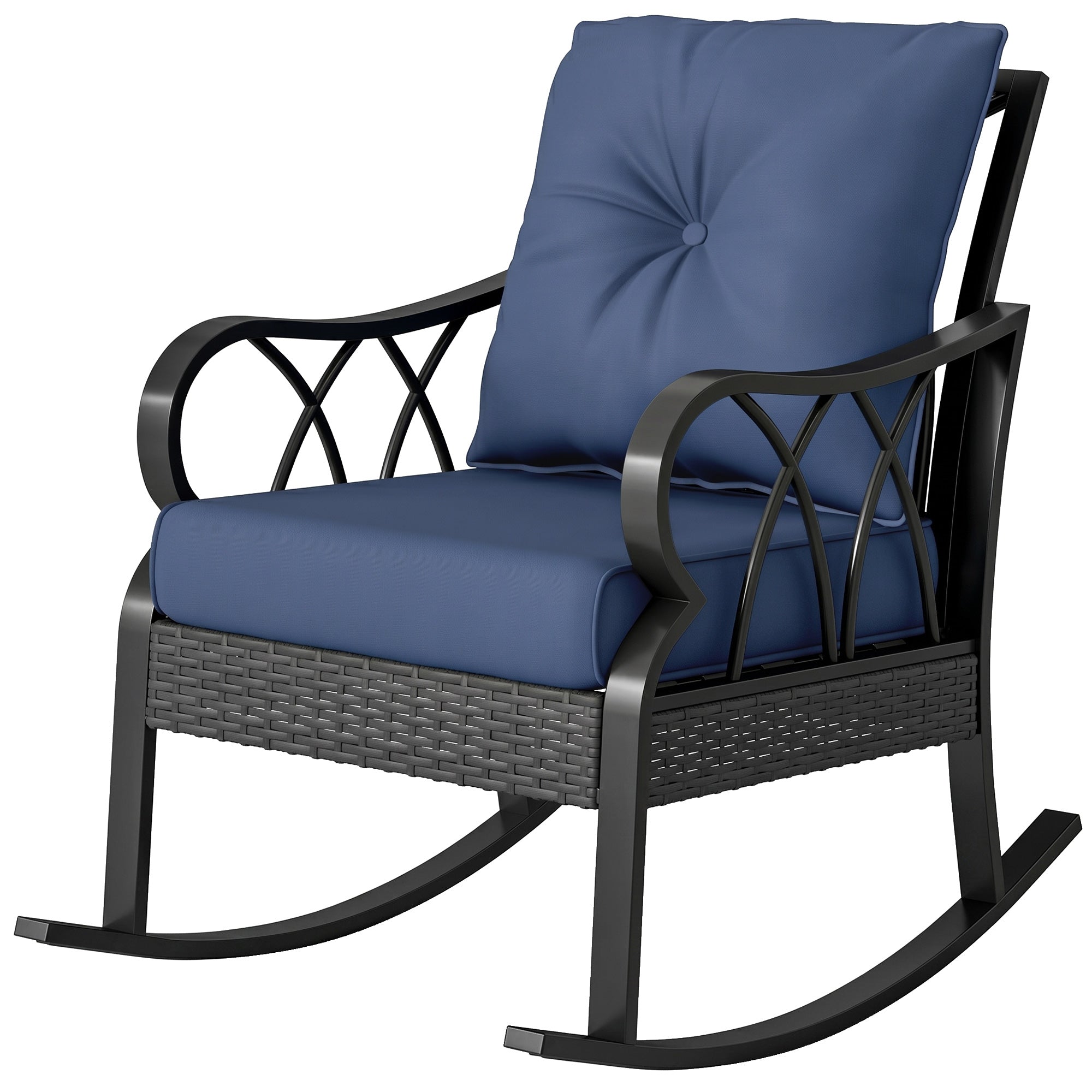 Outdoor Wicker Rocking Chair with Padded Cushions, Aluminum Furniture, Rattan Porch Rocker Chair w/ Armrest, Navy Blue