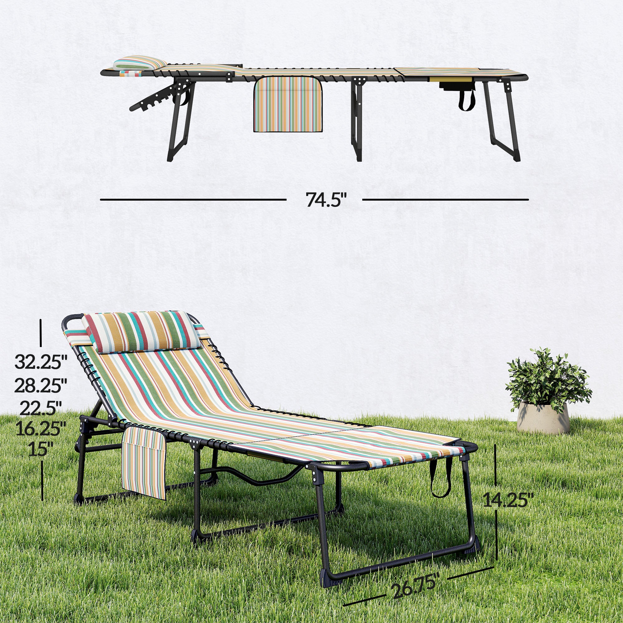 2 Piece Folding Chaise Lounge Pool Chairs with 5-level Reclining Back, Reading Hole, Side Pocket, Rainbow Striped