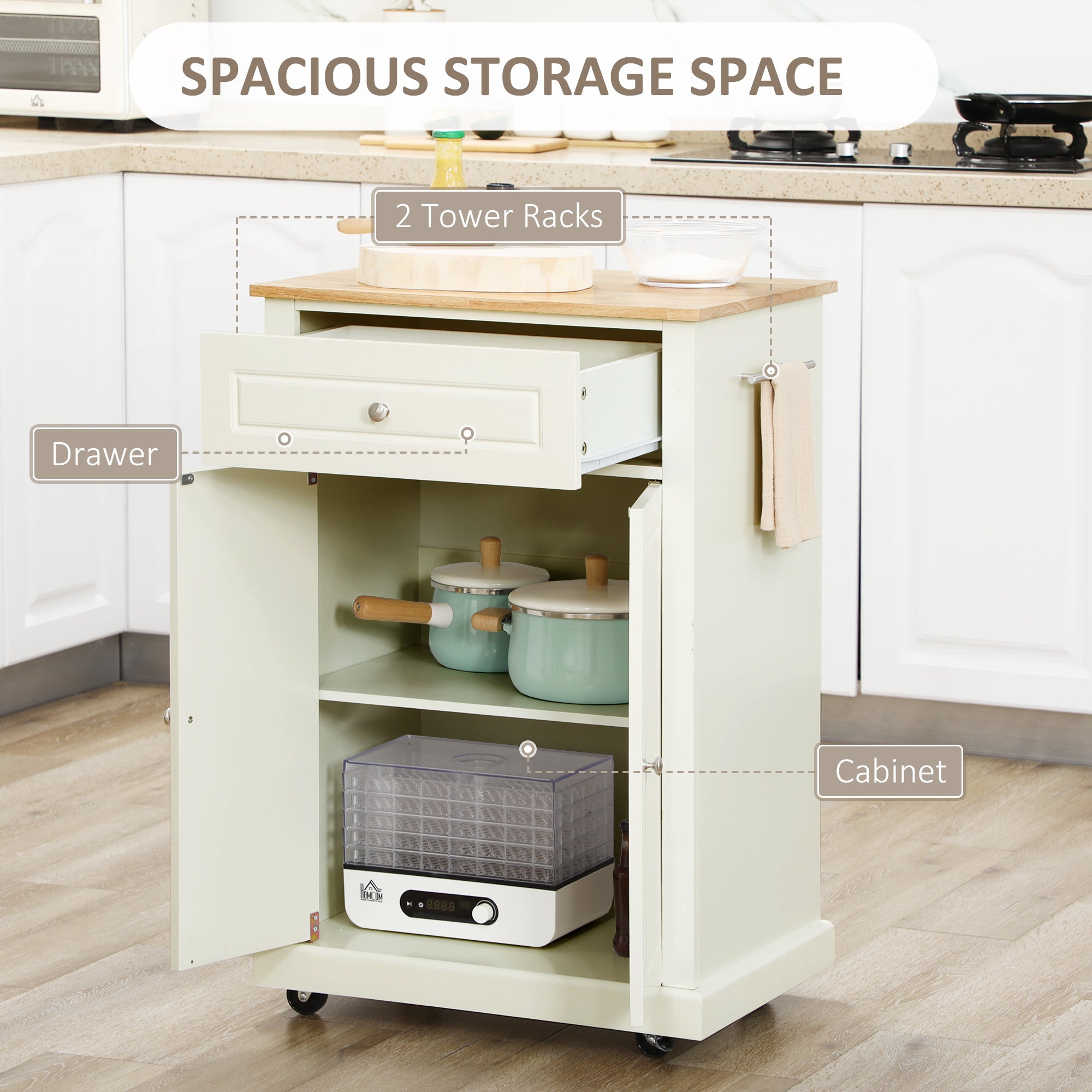 Rolling Kitchen Island Cart, Portable Serving Trolley Table with Drawer, Adjustable Shelf and 2 Towel Racks, Cream White