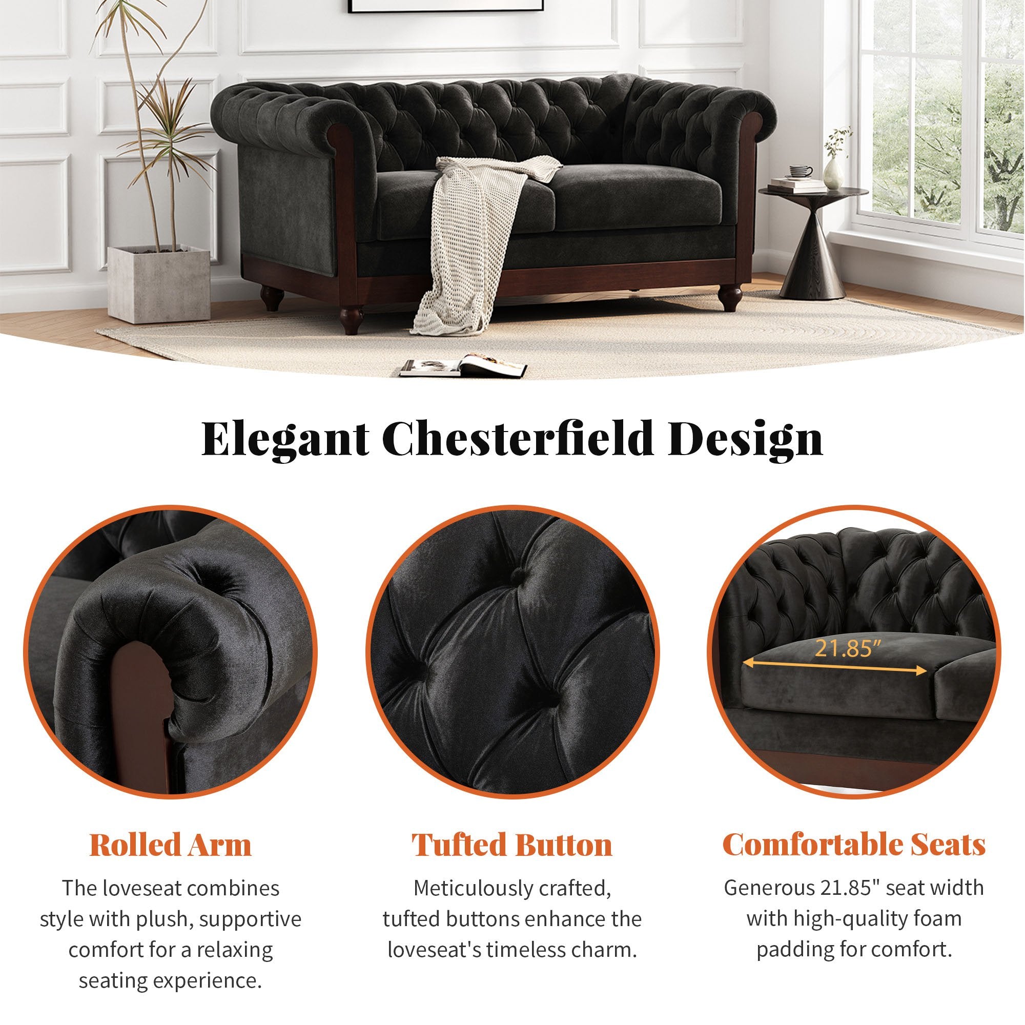 Chesterfield Velvet Loveseat Sofa, 2-Person Rolled Arm Upholstered Couch, with Tufted Buttons, Pine Wood Frame, 59.50" Wx34.00" Dx27.00" H, Black