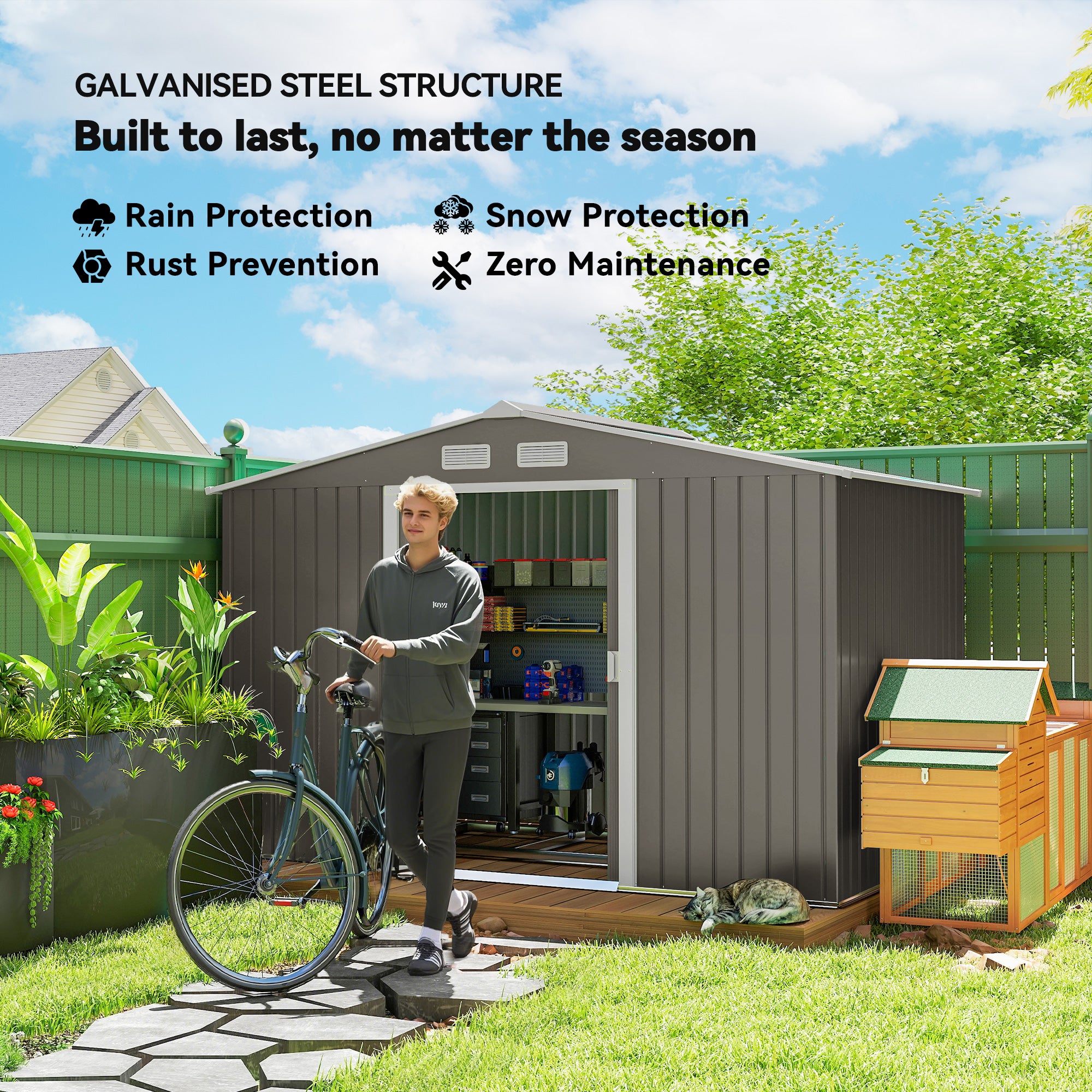 9' x 6' Outdoor Storage Shed, Garden Tool Metal Shed with Foundation Kit, Light Gray
