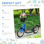Youth Scooter, Kick Scooter with Adjustable Handlebars, Double Brakes, 16" Inflatable Rubber Tires, Basket, Cupholder, Blue