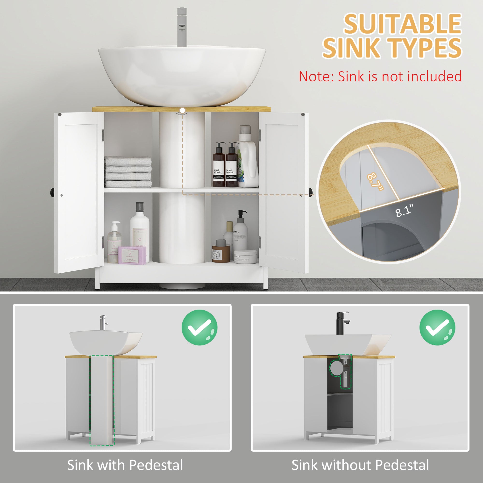 Bathroom Vanities Under Sink Storage Cabinet Cupboard with 2 Doors, 23.5" x 11.75" x 24", White