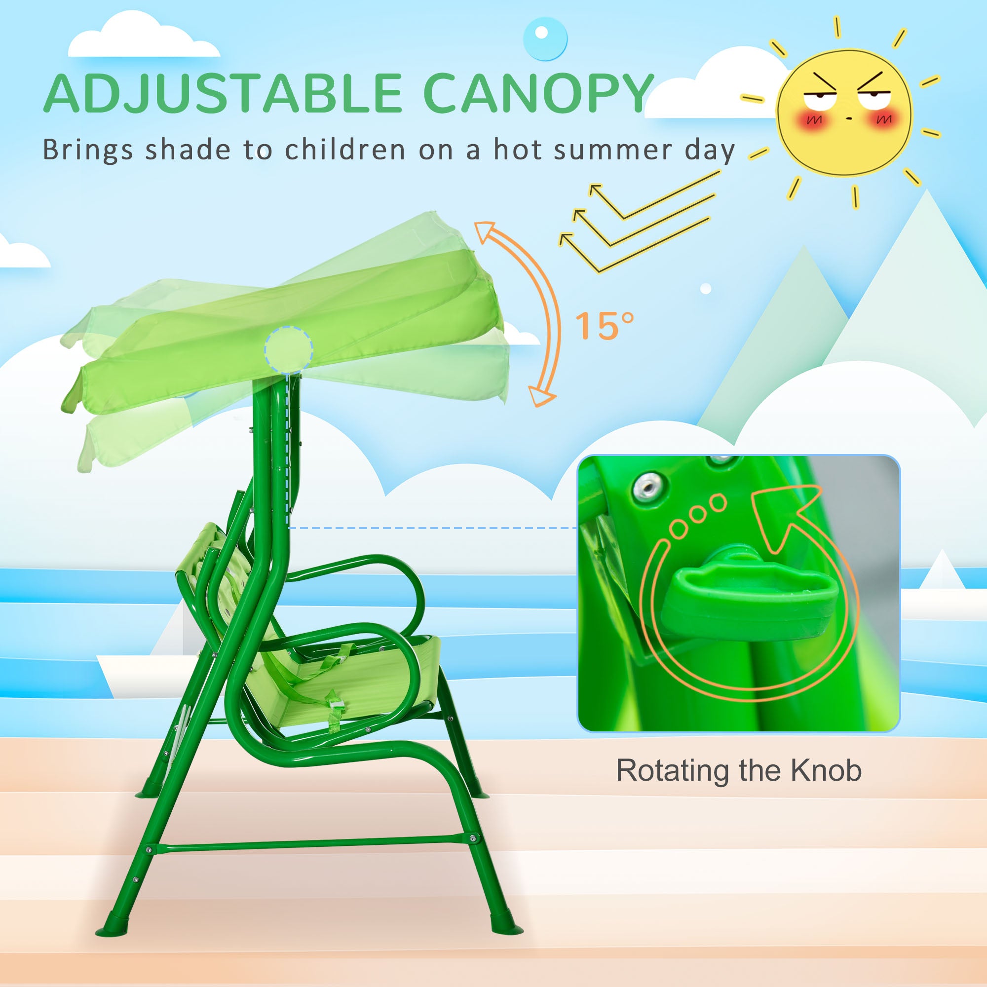 Kids Patio Swing, Adjustable Canopy Swing Glider, Kids Outdoor Swing Chair with 2 Seats, Seat-Belted Safety, Green