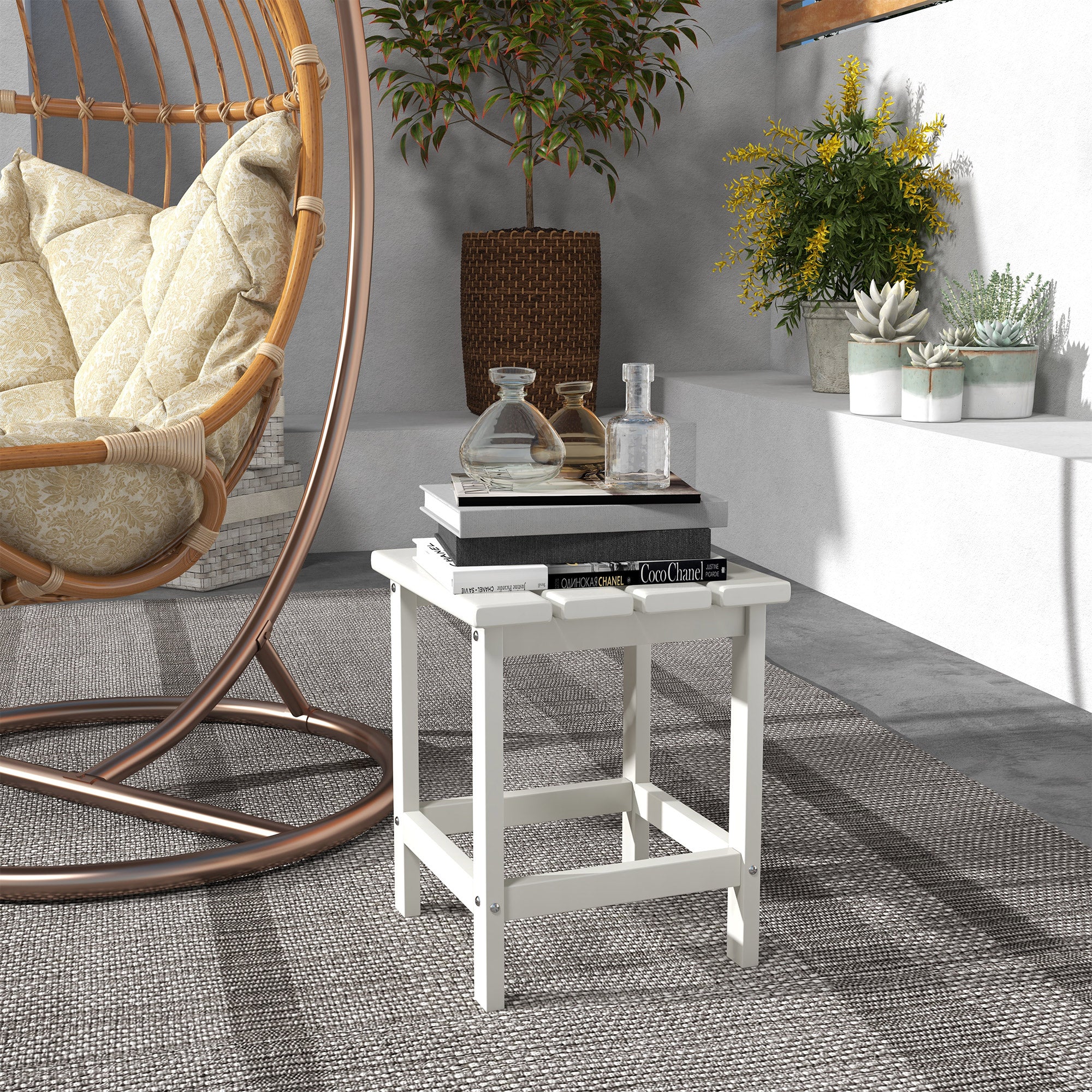 Adirondack Side Table, Square Patio End Table, Weather Resistant 15" Outdoor HDPE Table for Porch, Pool, Balcony, White