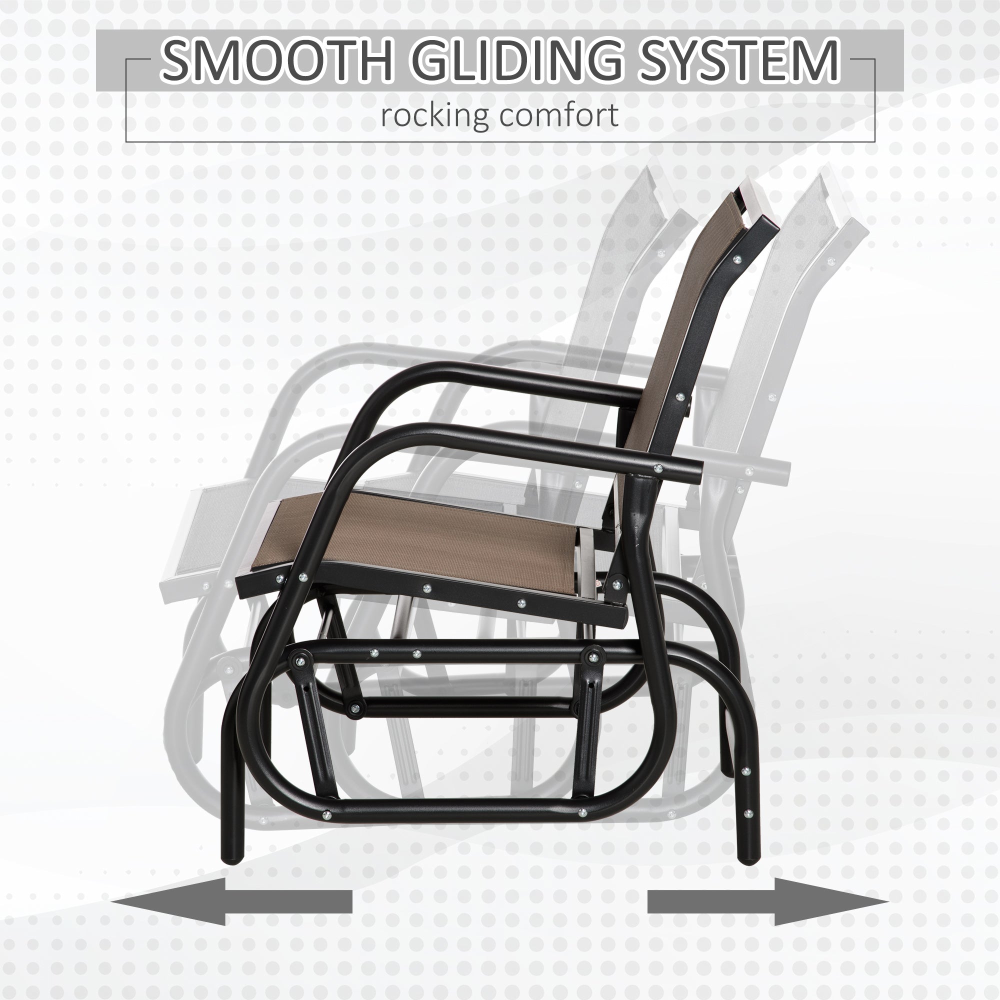 Porch Glider, Metal Frame Swing Glider Chair with Breathable Mesh Fabric, Curved Armrests and Steel Frame for Garden, Poolside, Backyard, Balcony, Brown