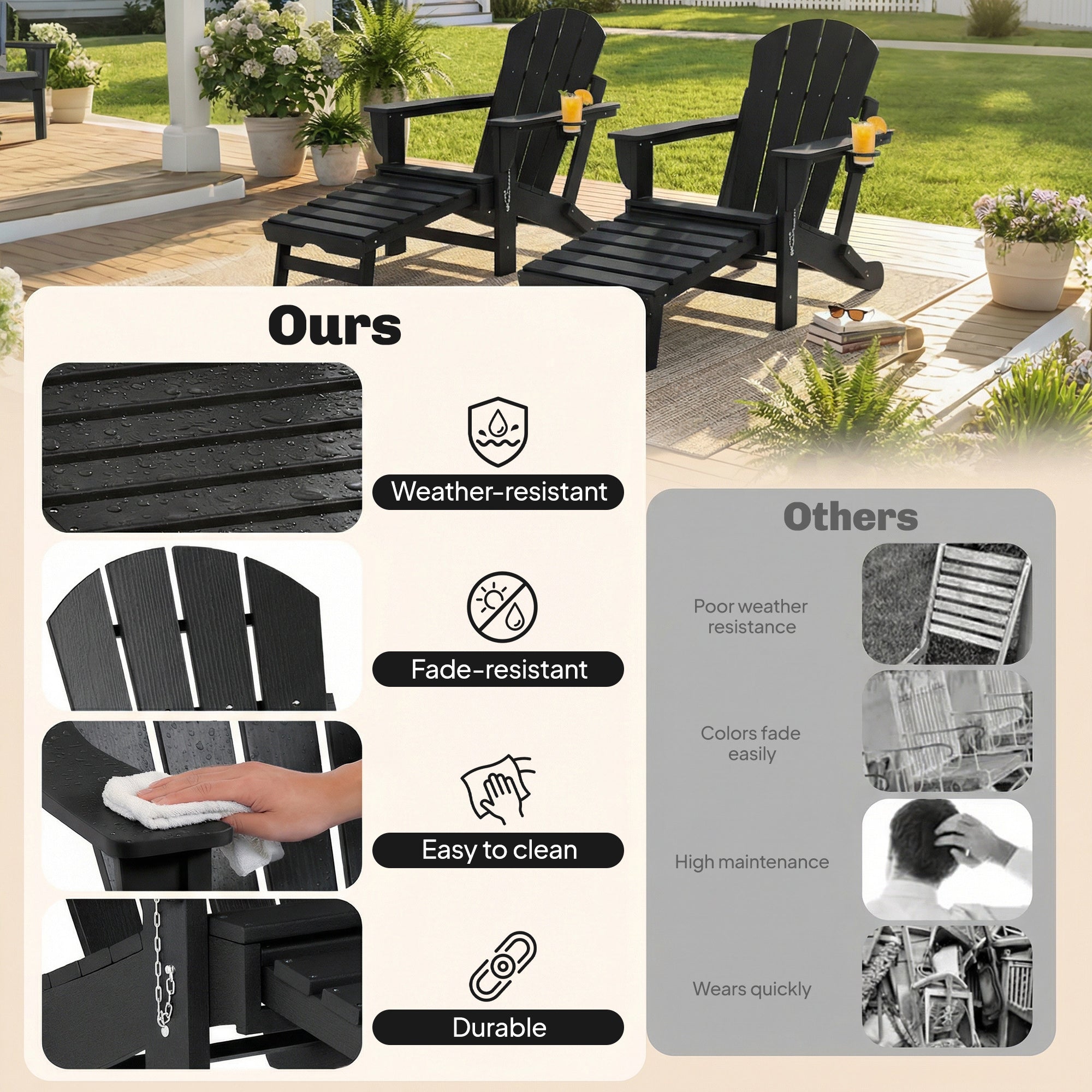 Folding Adirondack Chair Set of 2, HDPE Fire Pit Chair with Retractable Ottoman and Cup Holder, Black