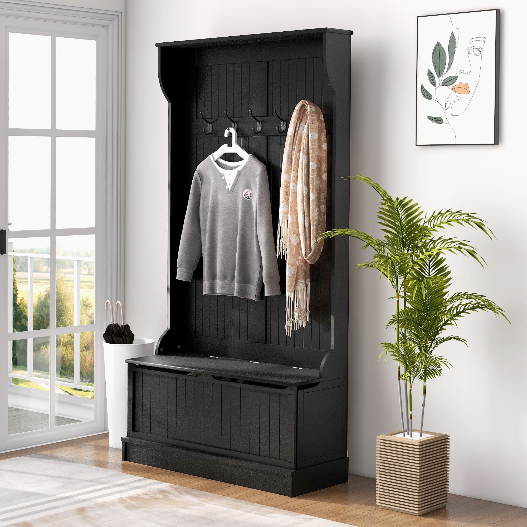 3-In-1 Entryway Bench with Coat Rack, Hall Tree with Bench and Shoe Storage, 5 Hooks for Hallway Black