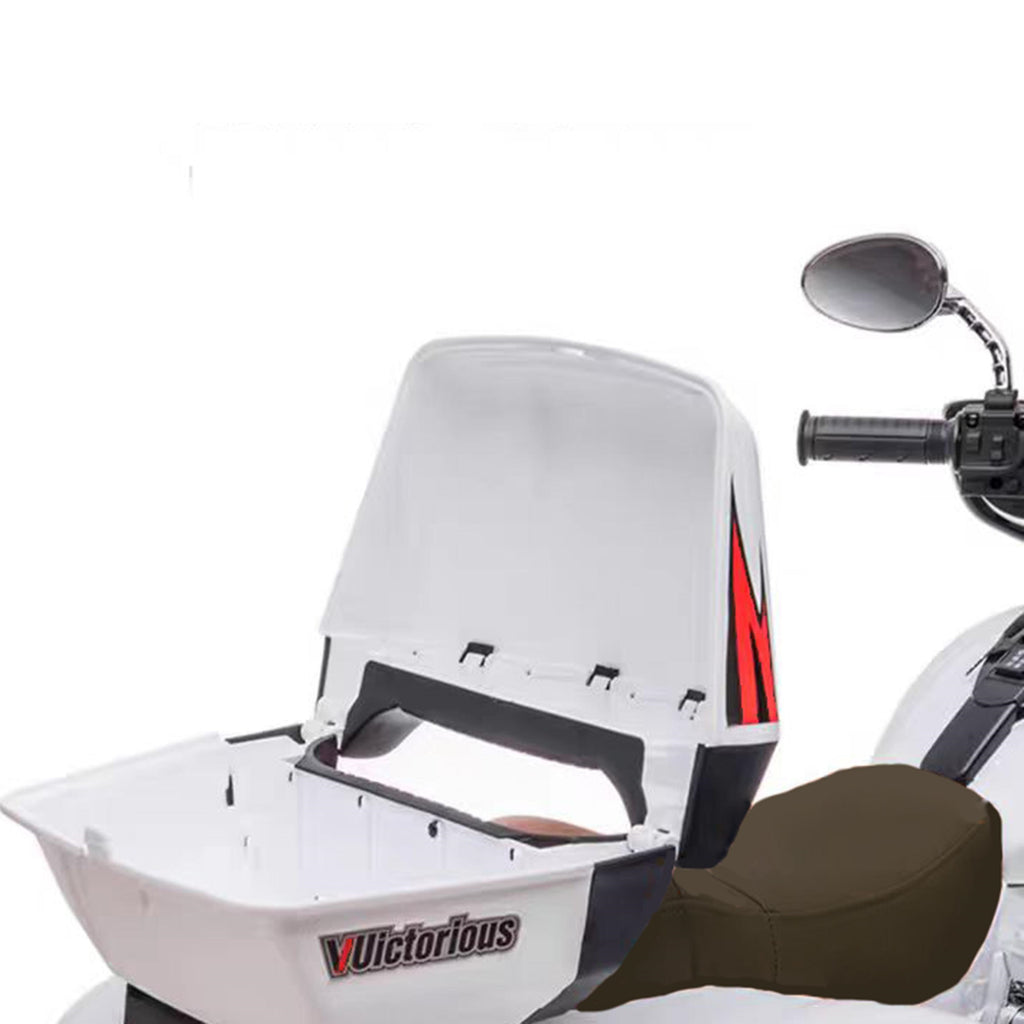 2-Seat 12V Kids Electric Ride-On Motorcycle with Storage Trunk, 3-Wheel Motorbike with MP3 and Bluetooth, 43.5'' L x 19'' W x 26.5'' H, White