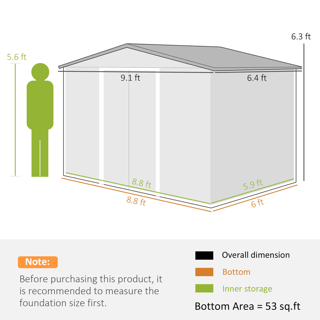 9' x 6' Outdoor Storage Shed, Garden Tool Metal Shed with Foundation Kit, Dark Gray