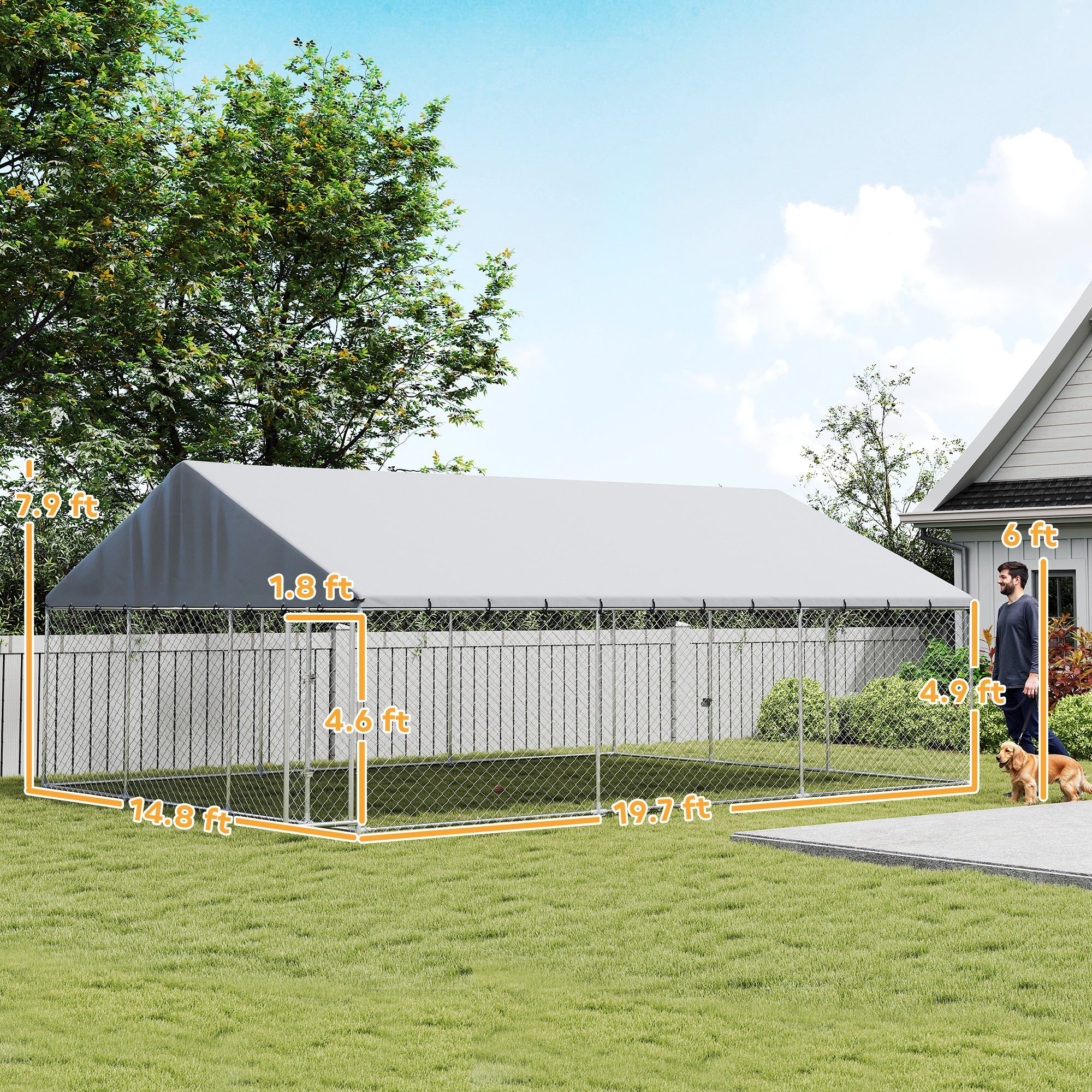Heavy Duty Outdoor Dog Kennel with Waterproof Roof, 2 Secure Latches, Chain Link Dog Run for Backyard, 20' x 15' x 8'