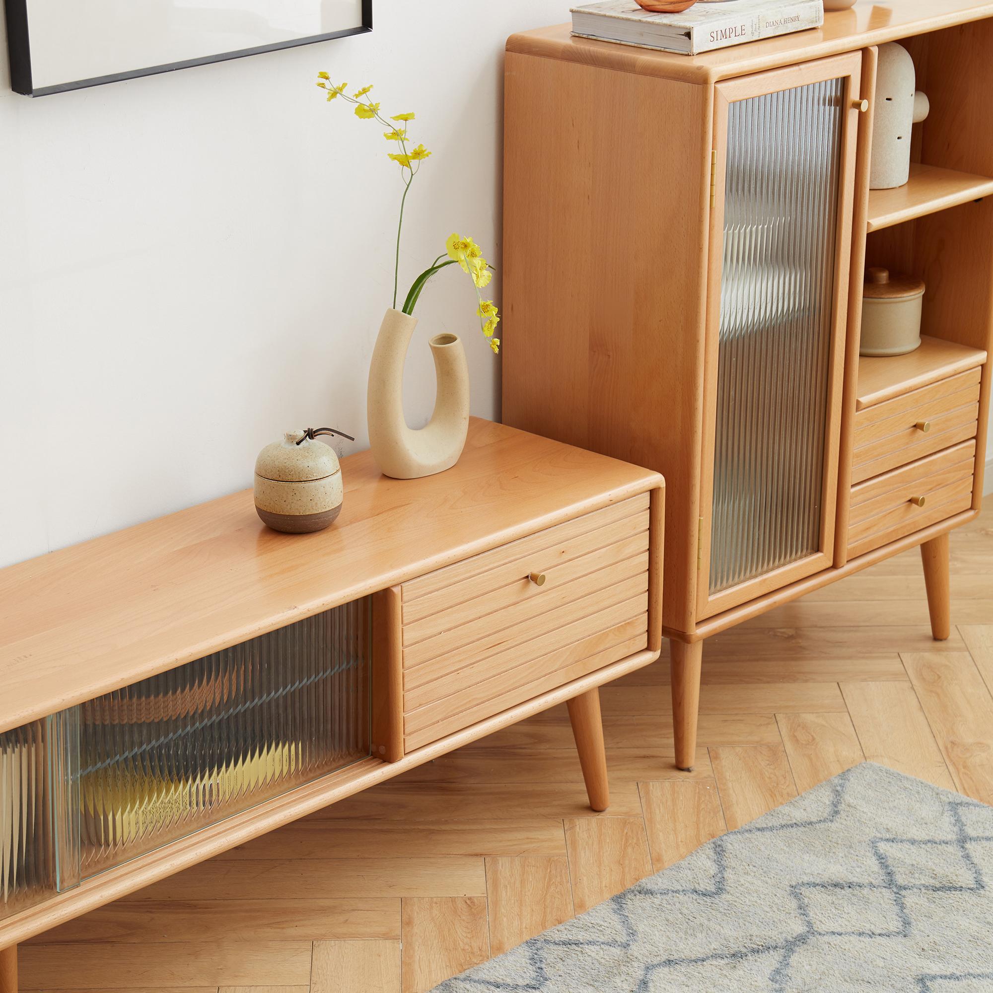 Modern TV Cabinet with High-Quality Glass Doors, Sturdy TV Stand with 2 Pull-Out Drawers, 71″ L x 12.5″ W x 16.5″ H, Natural Wood
