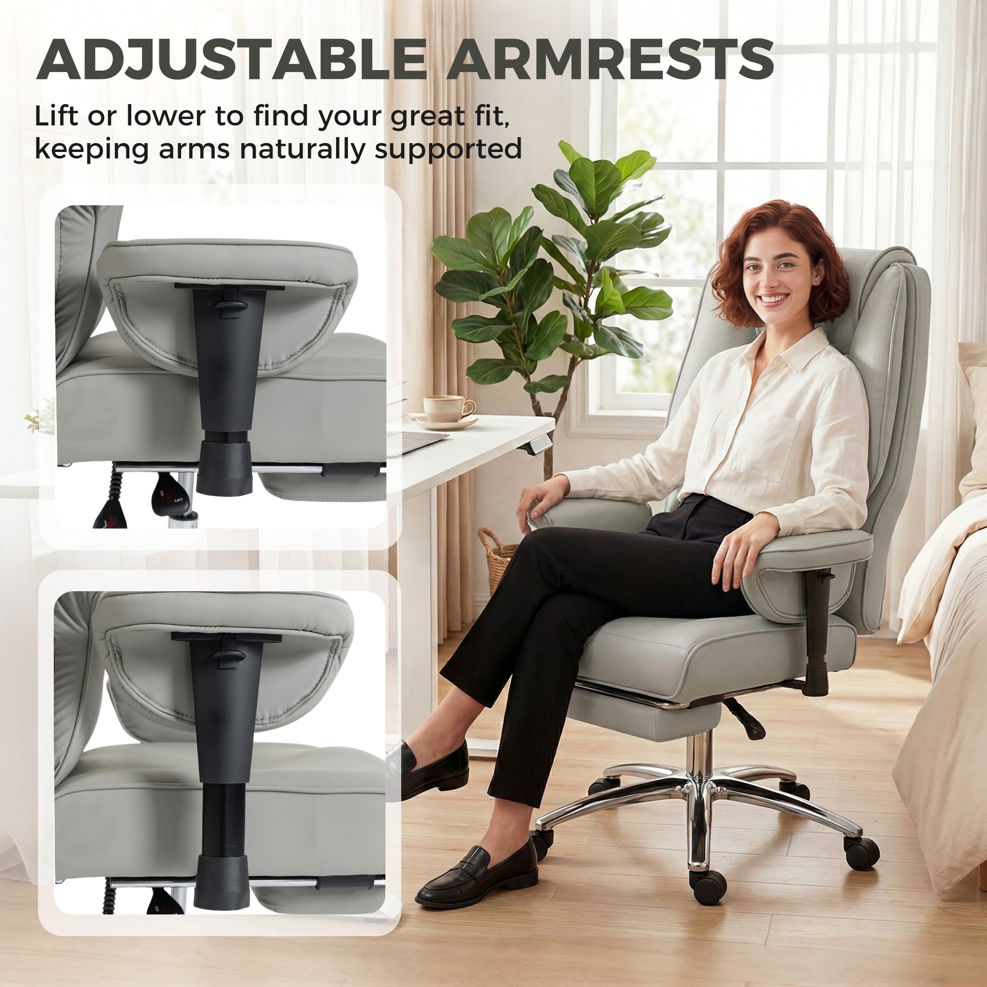 Ergonomic Office Chair, High Back Reclining Desk Chair with Adjustable Armrests, Pet Friendly Faux Leather, Light Gray