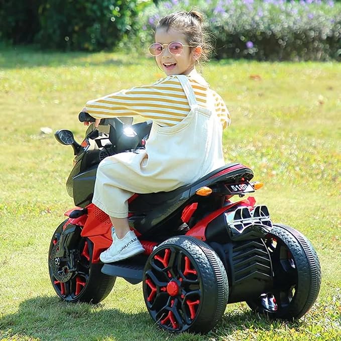 3-Wheel 12V Kids Electric Ride-On Motorcycle with Training Wheels and Headlight, Motorbike with MP3/USB, 43.5'' L x 23.5'' W x 29'' H, Red