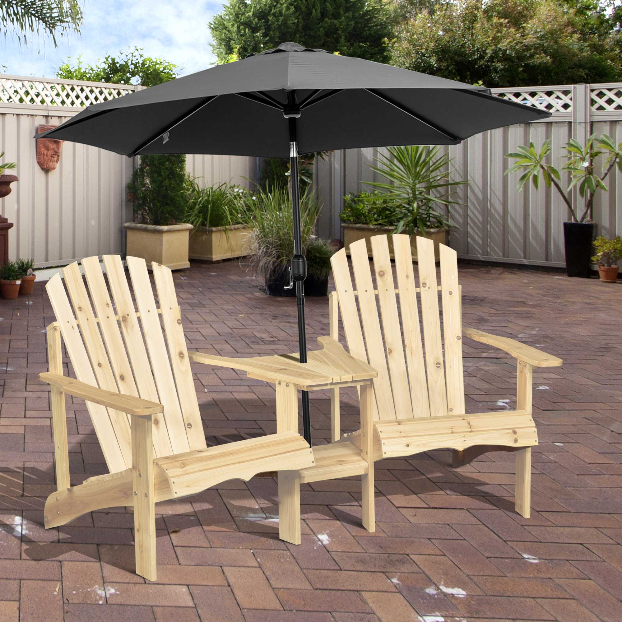Fire Pit Seating, 2 Wooden Adirondack Chairs with Outdoor Table & Umbrella Hole, Wood 2 Person Adirondack Bench, Natural