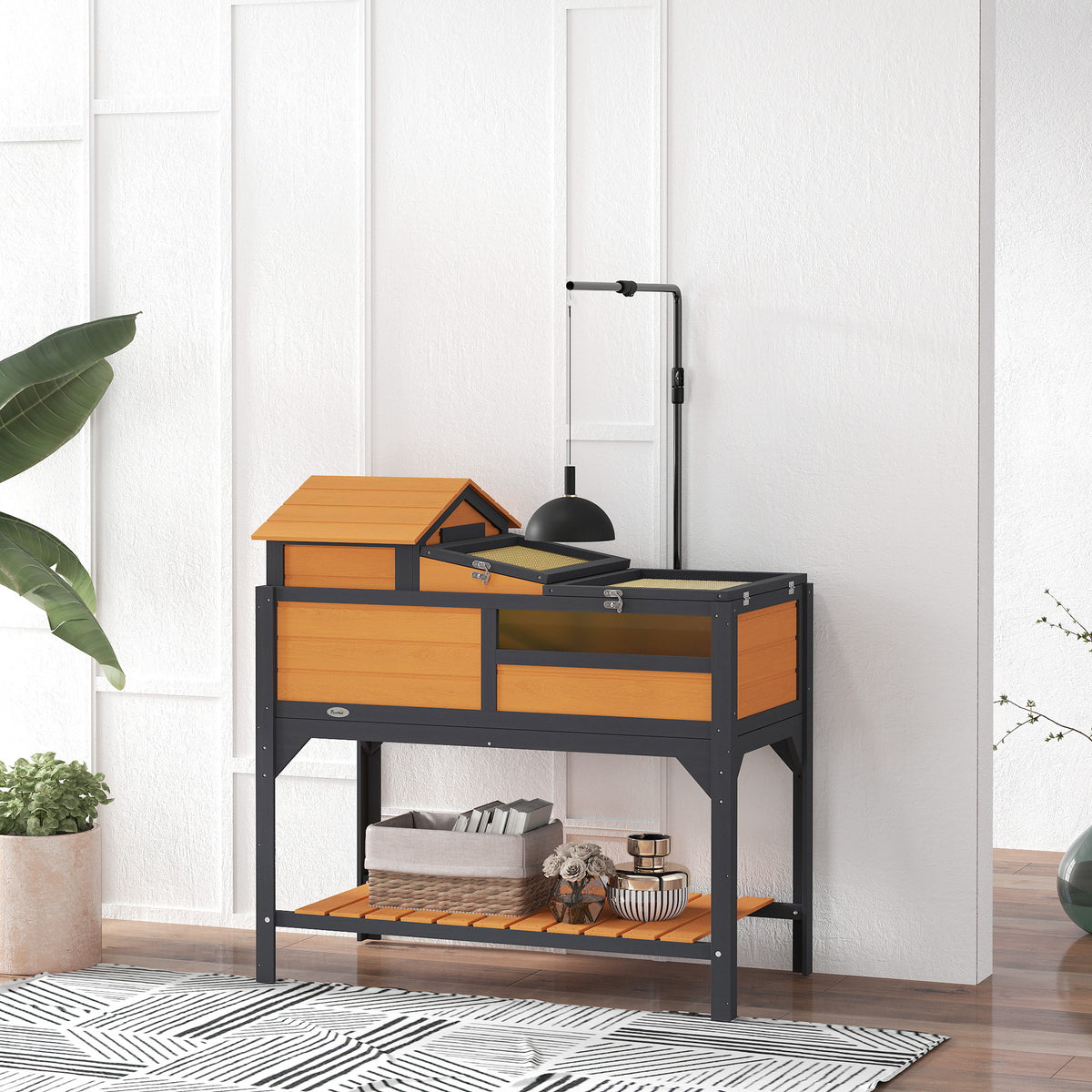 Tortoise Enclosure Tortoise House w/ Adjustable Lamp Holder, Storage Shelf, Removable Main House, Openable Lid, Yellow