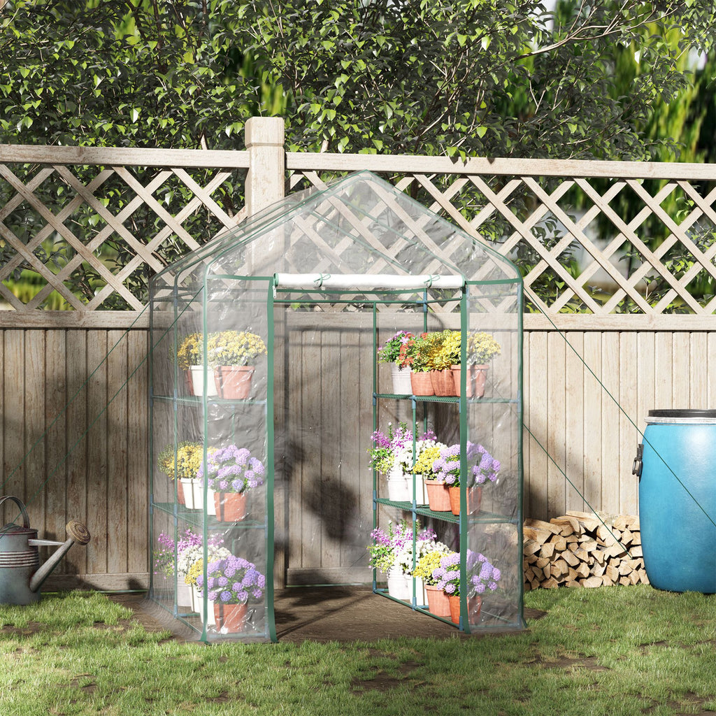 5' x 5' x 6' Mini Walk-in Greenhouse Kit, Portable Green House with 3 Tier Shelves, Roll-Up Door, and Weatherized Plastic Cover for Backyard Garden, Clear