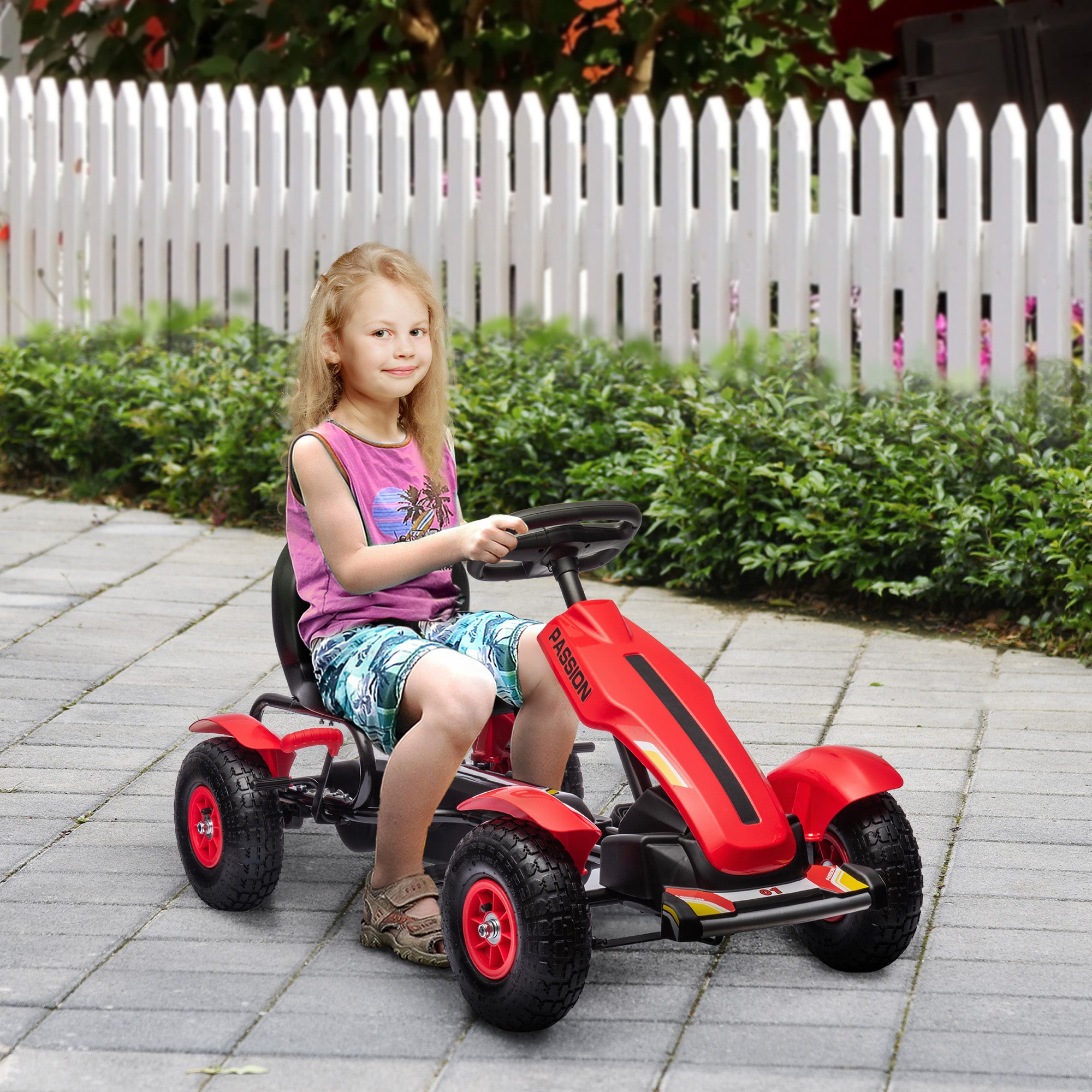 Kids Pedal Go Kart for Ages 5–12 with Adjustable Seat, Handbrake, Reverse Drive, Inflatable Rubber Tires & Suspension, Red