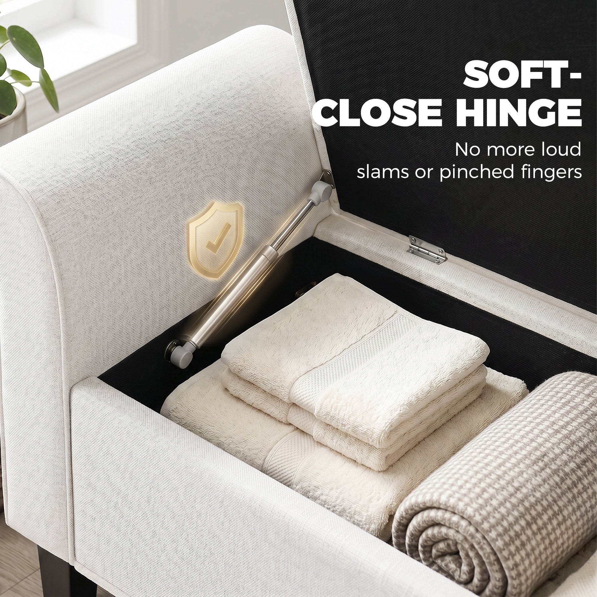 47" Storage Ottoman Bench, Tufted End of Bed Bench with Rolled Arms, Safety Hinge, Wood Legs for Bedroom, Cream White