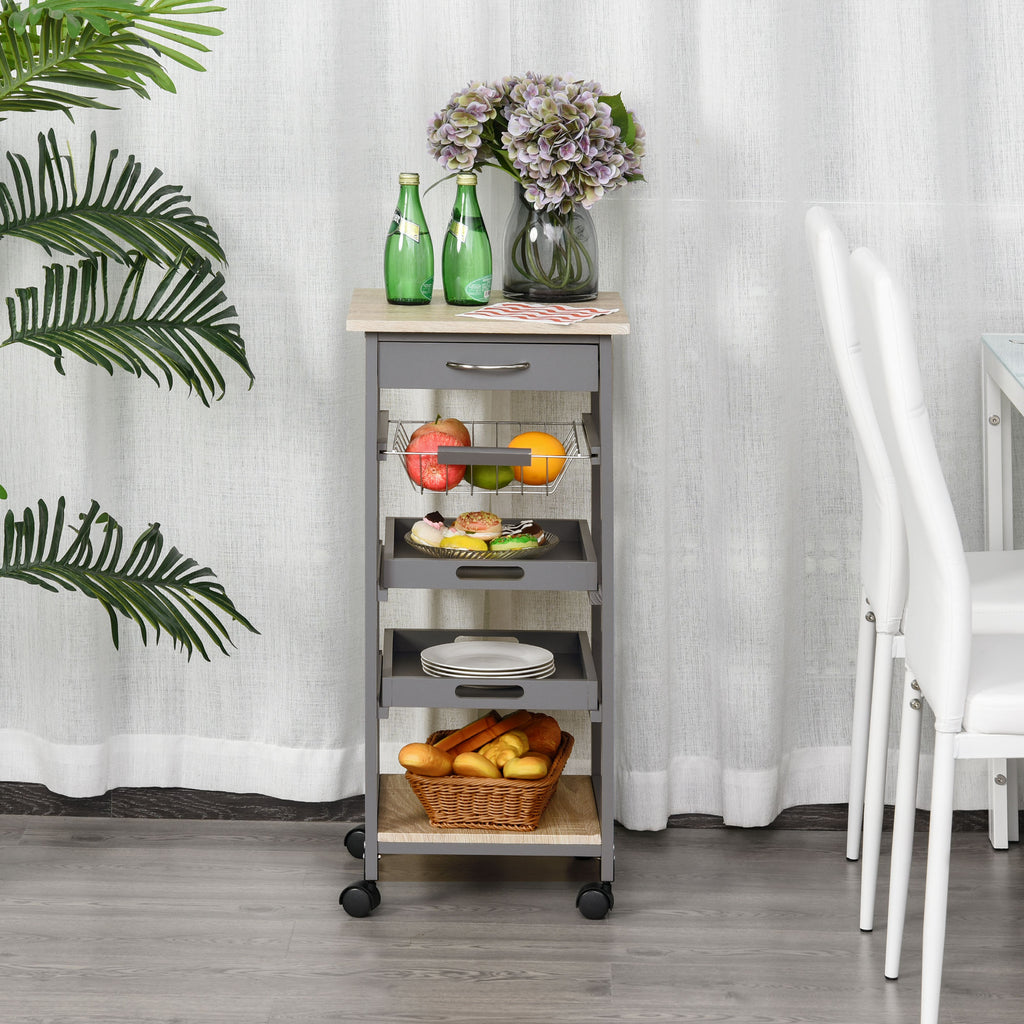 Mobile Kitchen Cart, Rolling Kitchen Island with Storage, Utility Cart with Wire Fruit Baskets, Trays and Drawer, Gray